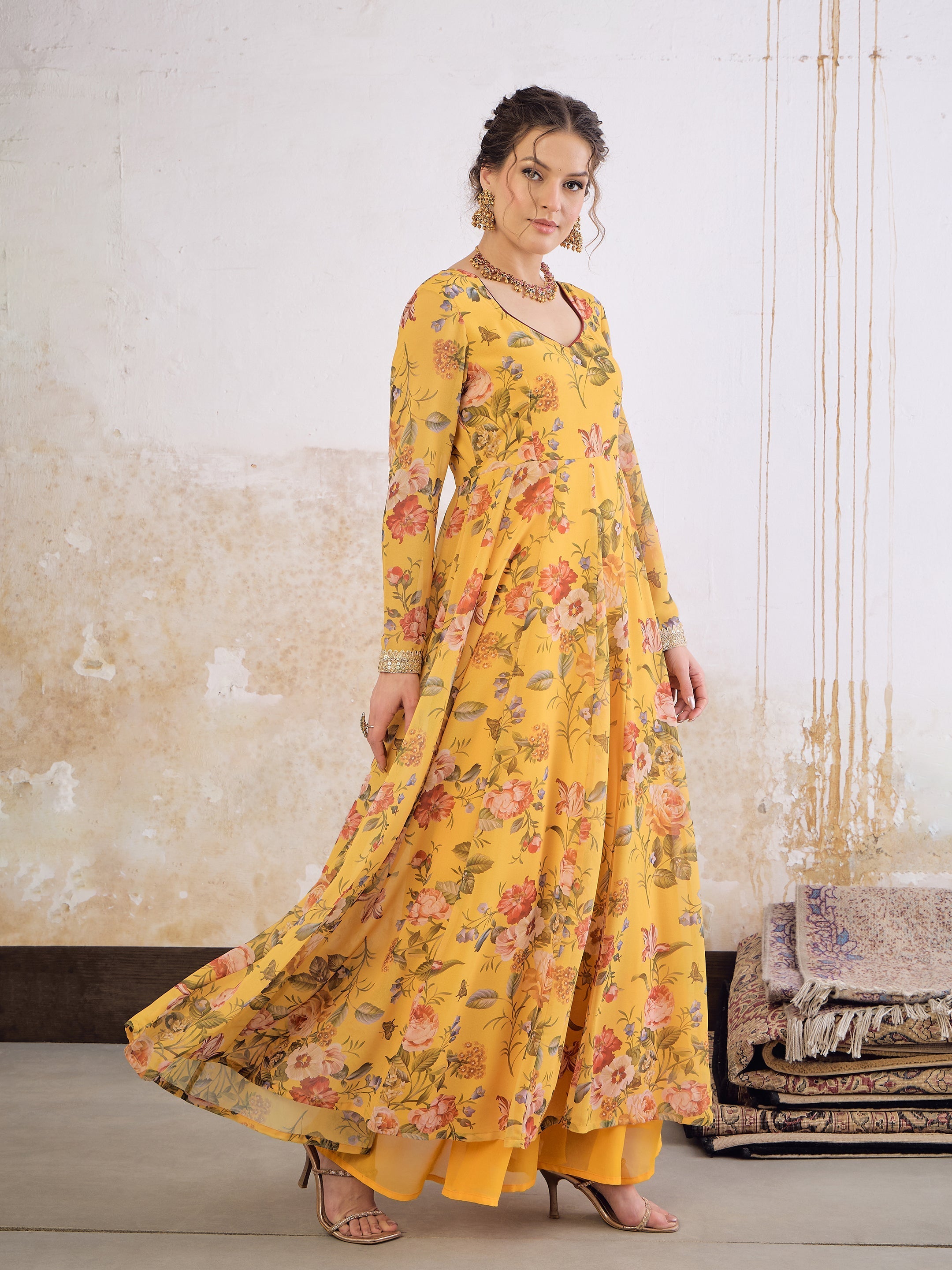 Women Yellow Floral Sweetheart Neck Anarkali Kurta-SHKUR35034