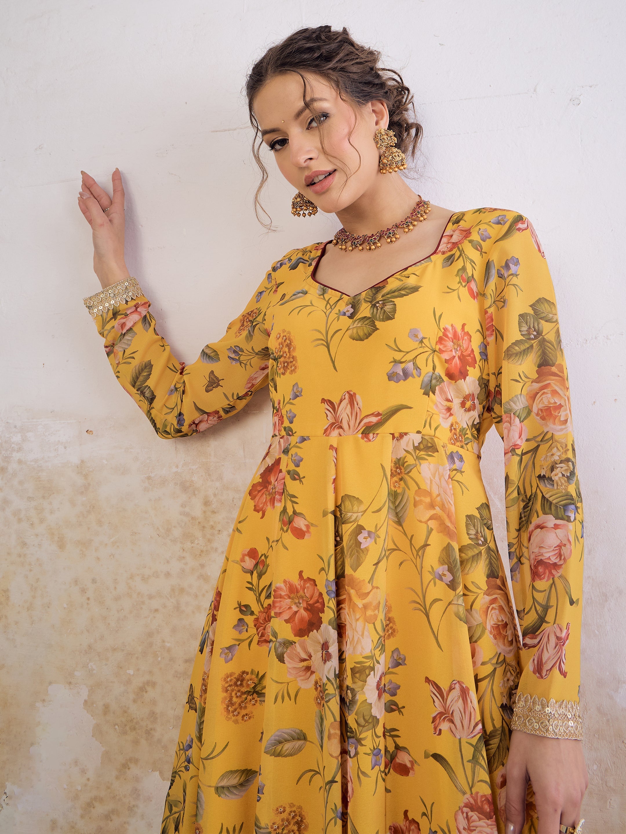 Women Yellow Floral Sweetheart Neck Anarkali Kurta-SHKUR35034