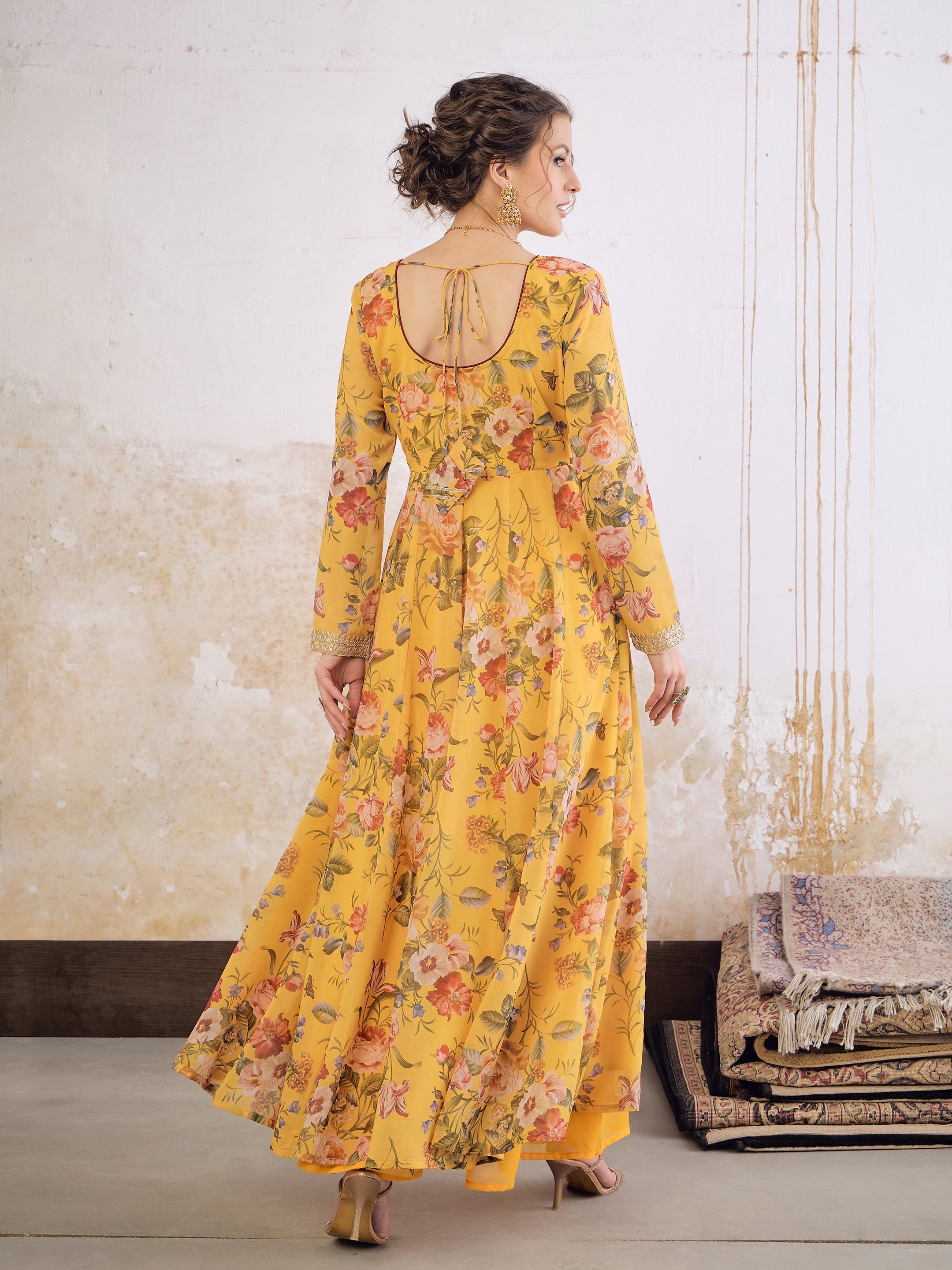 Women Yellow Floral Sweetheart Neck Anarkali Kurta-SHKUR35034
