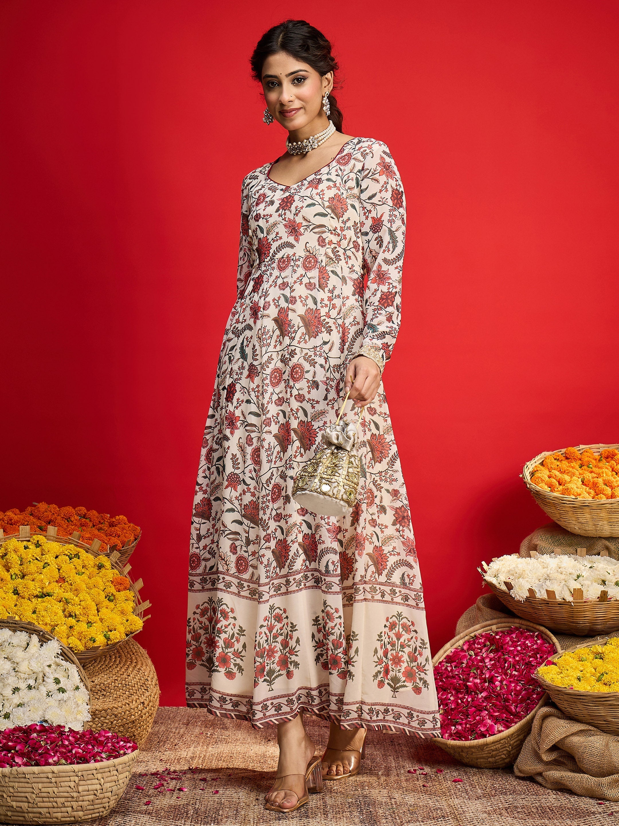 Women Beige Floral Sweetheart Neck Anarkali Kurta-SHKUR35035