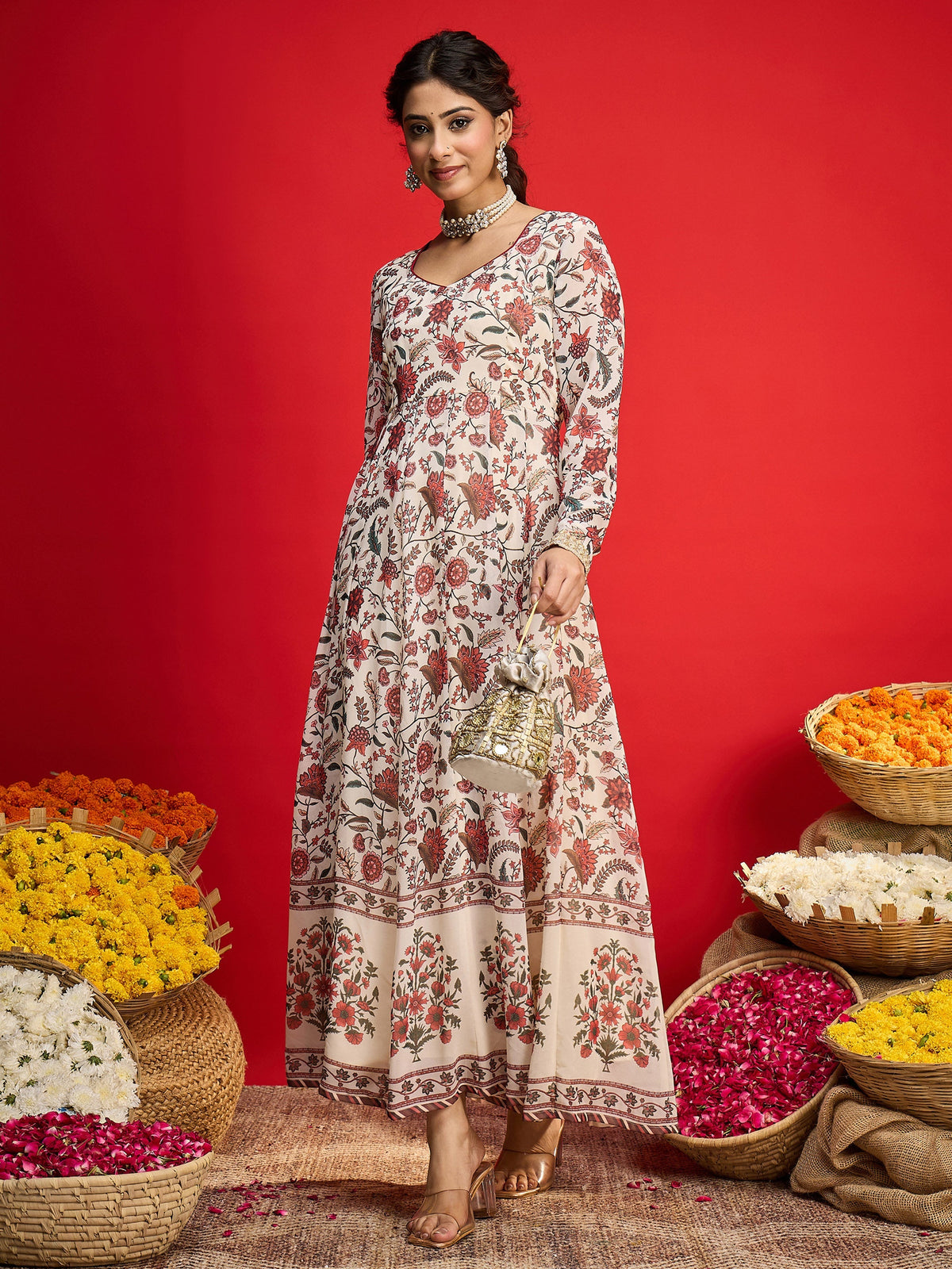 Women Beige Floral Sweetheart Neck Anarkali Kurta-SHKUR35035