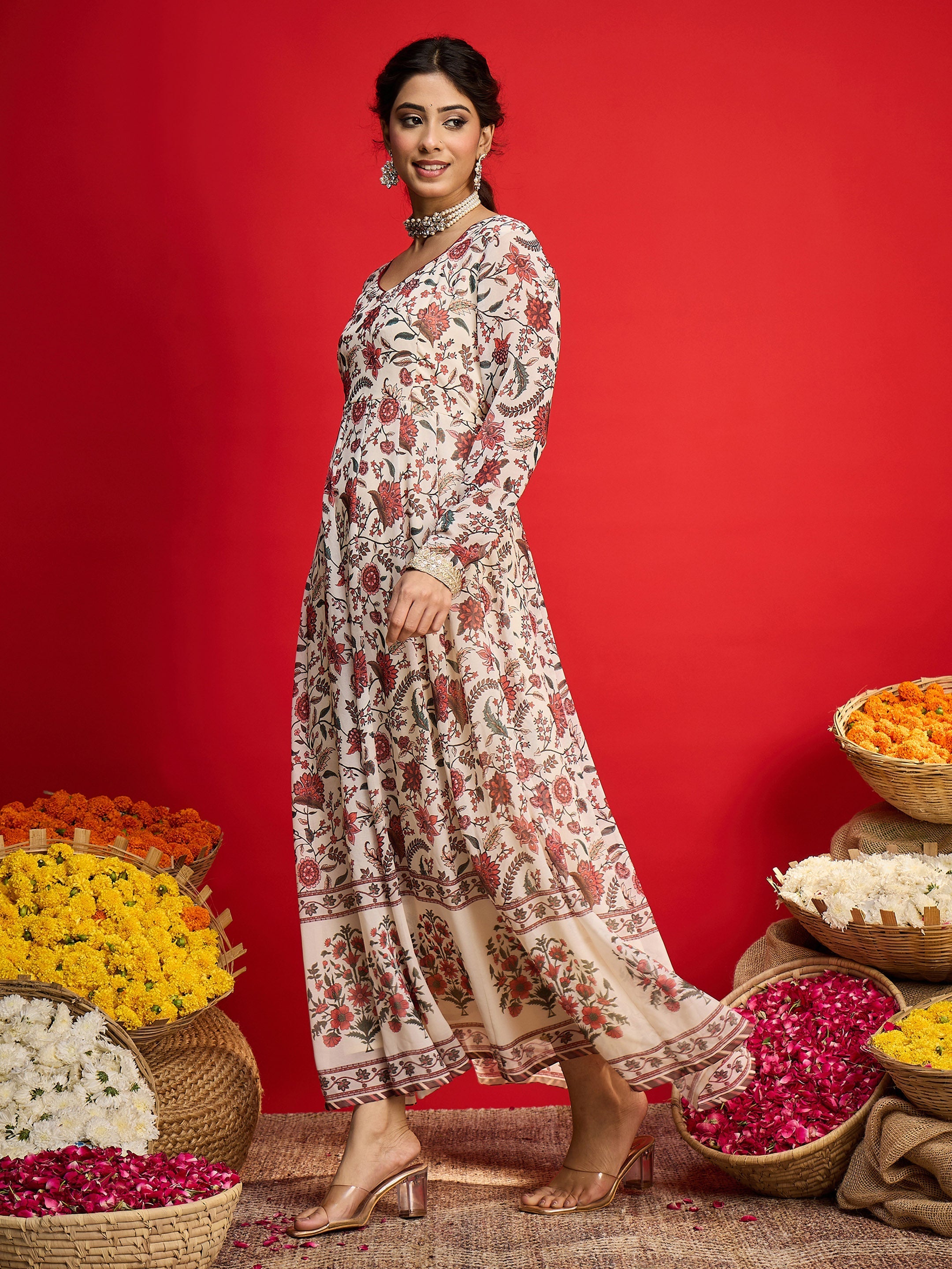 Women Beige Floral Sweetheart Neck Anarkali Kurta-SHKUR35035