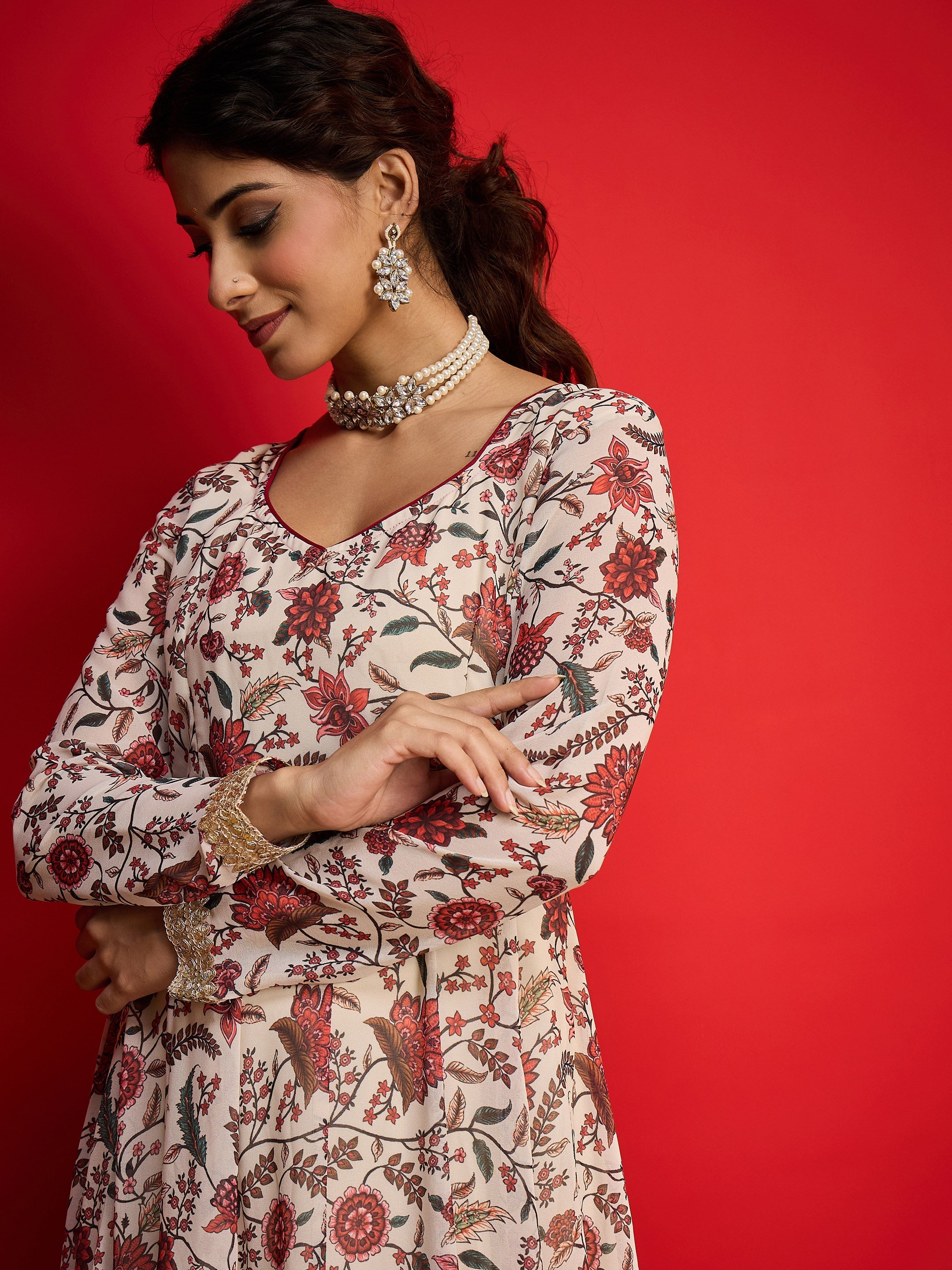 Women Beige Floral Sweetheart Neck Anarkali Kurta-SHKUR35035