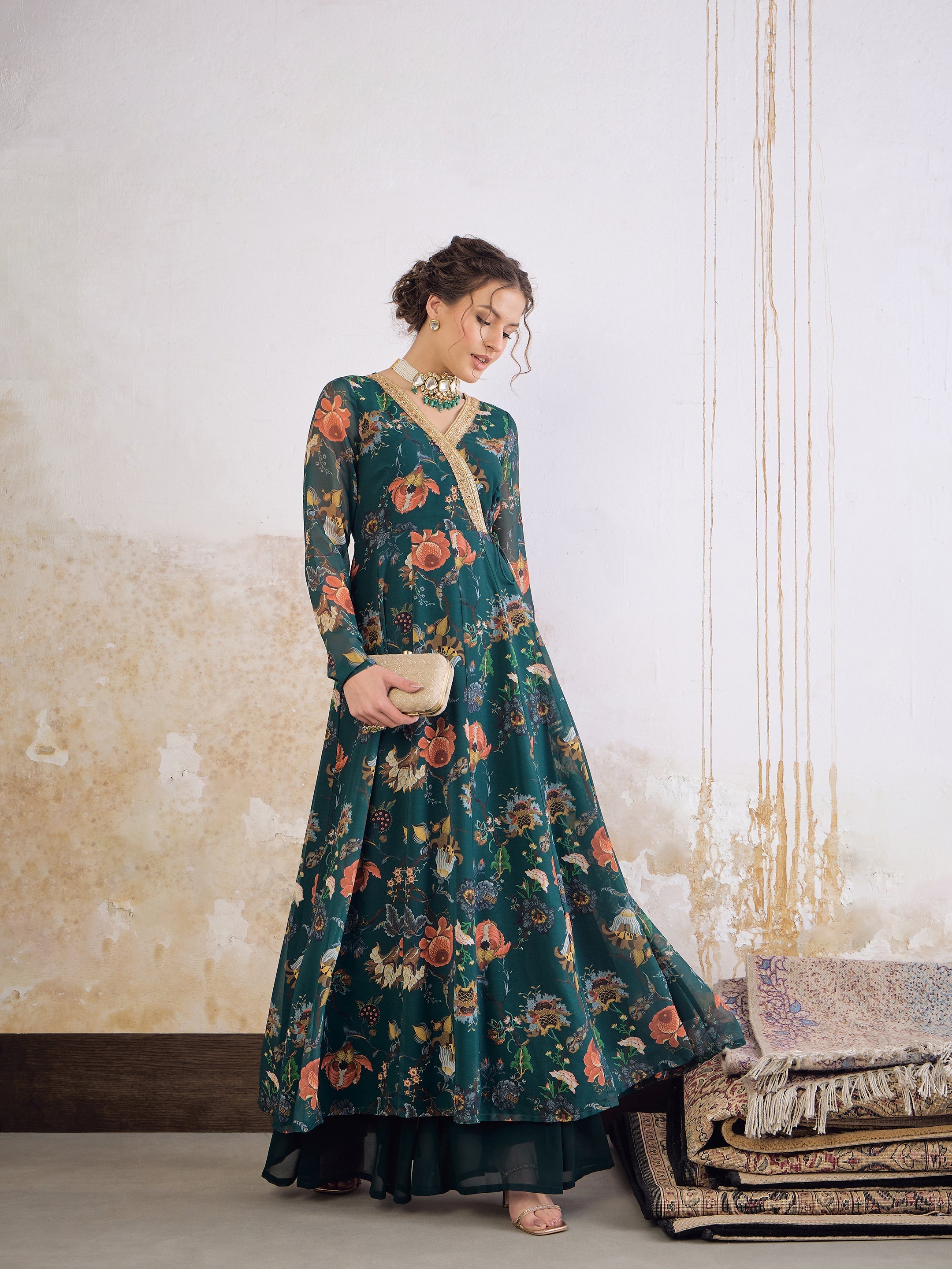 Women Green Floral Wrap Anarkali Kurta-SHKUR35036