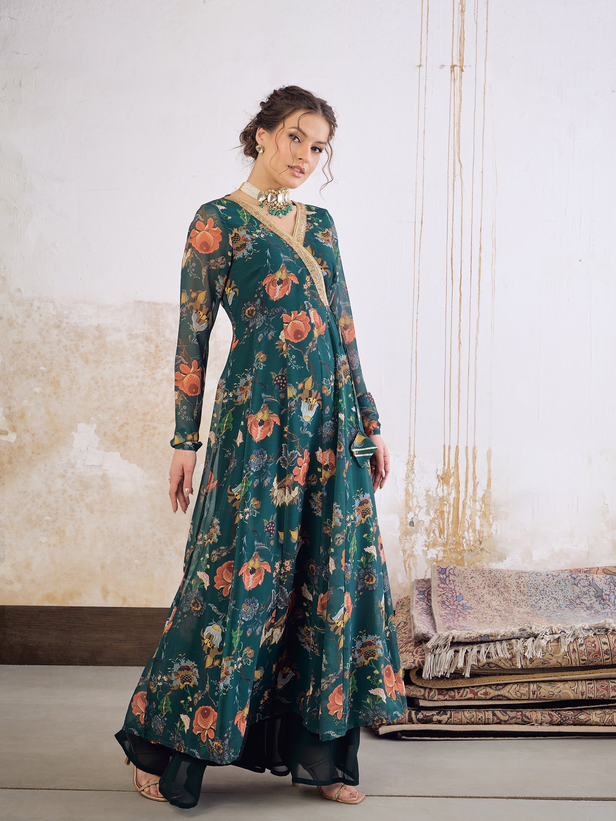 Women Green Floral Wrap Anarkali Kurta-SHKUR35036