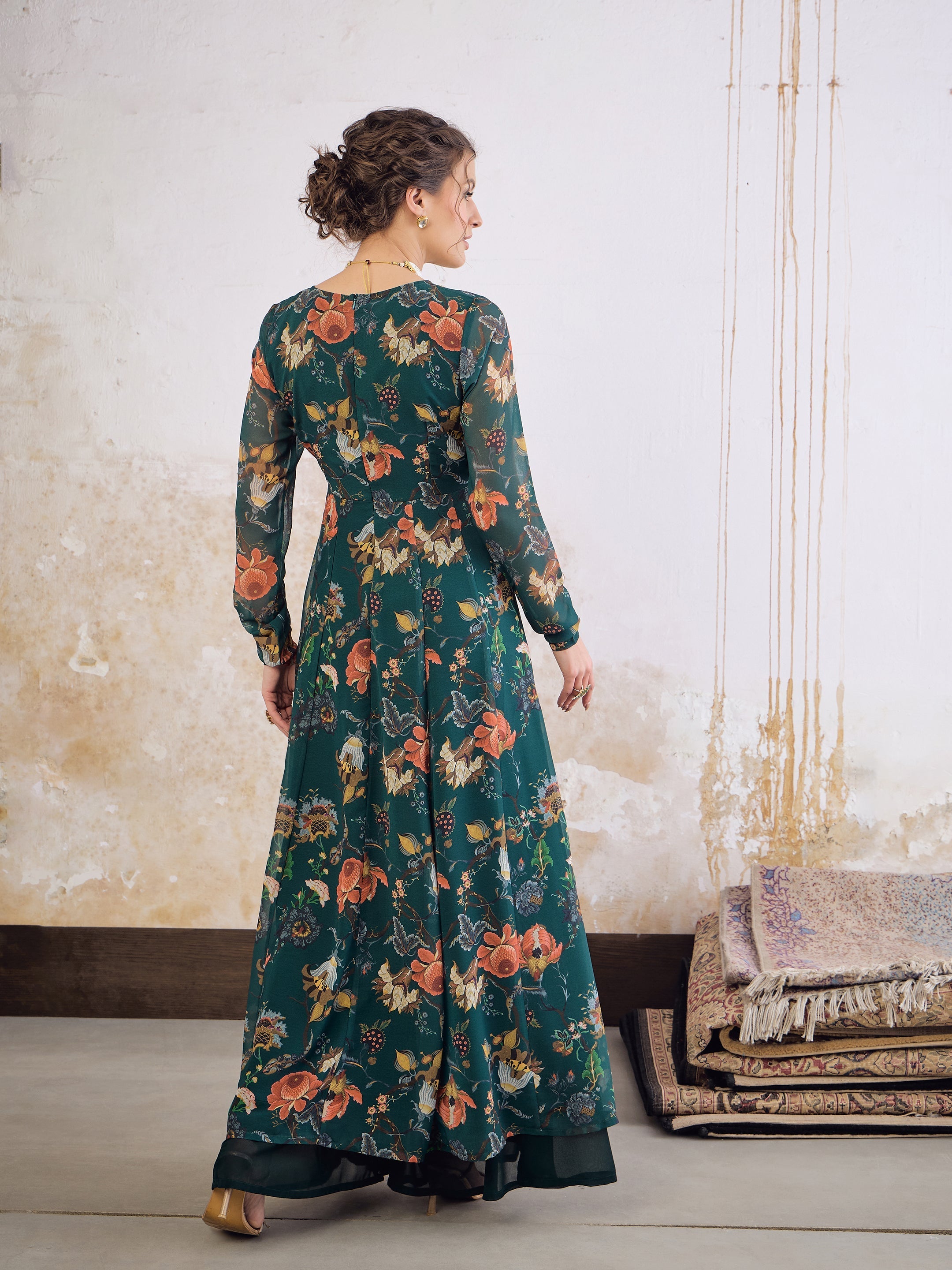 Women Green Floral Wrap Anarkali Kurta-SHKUR35036