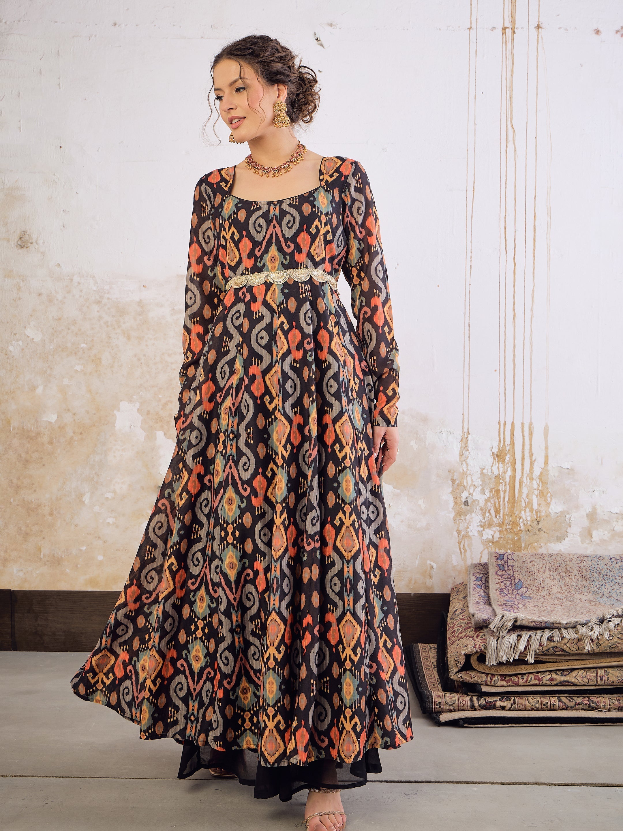 Women Black Ikkat Poly Muslin Anarkali Kurta-SHKUR35037