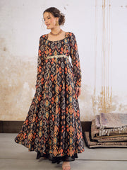 Women Black Ikkat Poly Muslin Anarkali Kurta-SHKUR35037