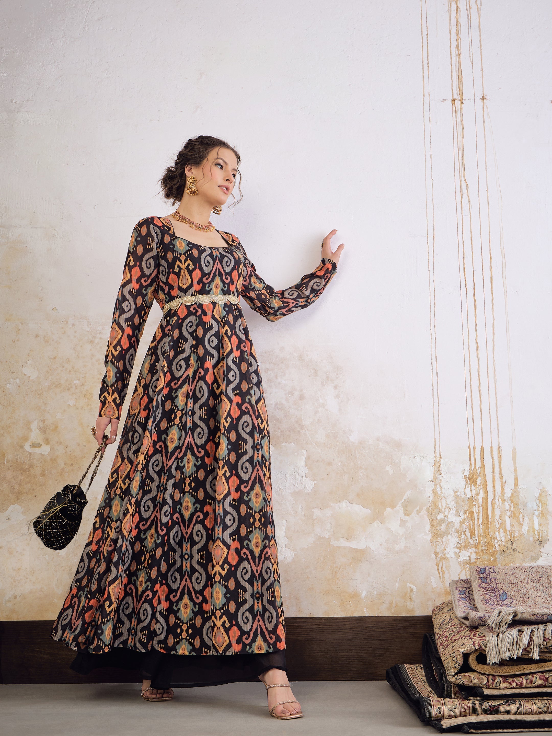 Women Black Ikkat Poly Muslin Anarkali Kurta-SHKUR35037