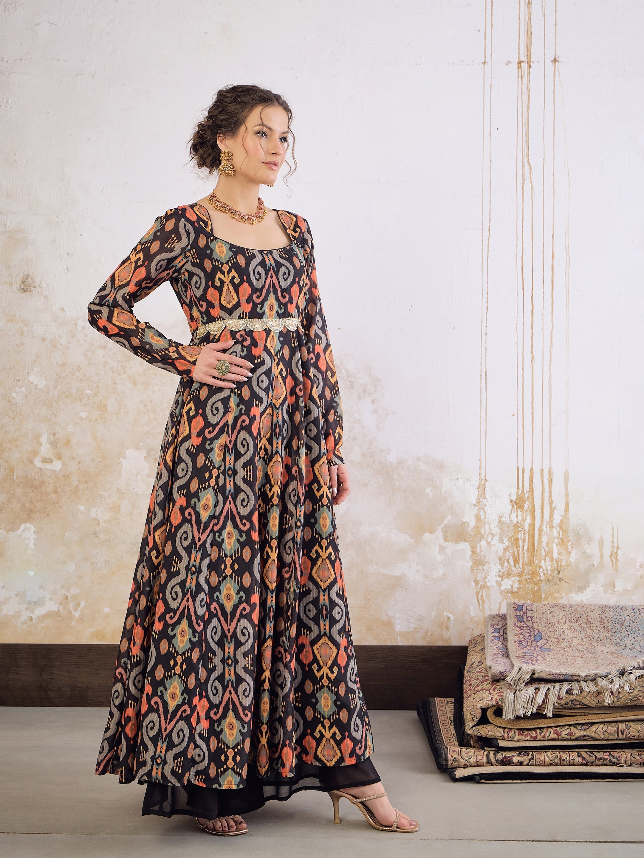 Women Black Ikkat Poly Muslin Anarkali Kurta-SHKUR35037