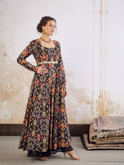 Women Black Ikkat Poly Muslin Anarkali Kurta-SHKUR35037
