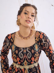Women Black Ikkat Poly Muslin Anarkali Kurta-SHKUR35037