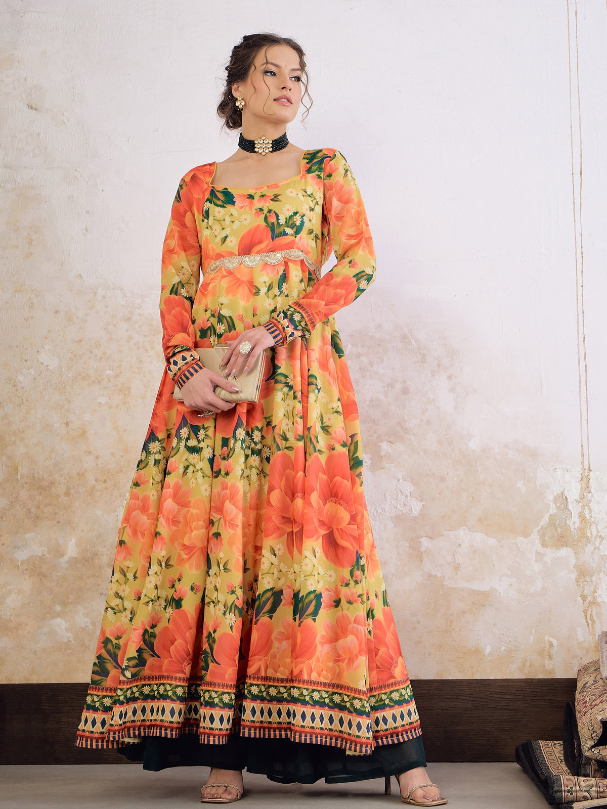 Women Yellow Floral Poly Muslin Anarkali Kurta-SHKUR35038