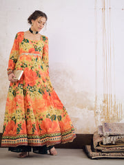 Women Yellow Floral Poly Muslin Anarkali Kurta-SHKUR35038