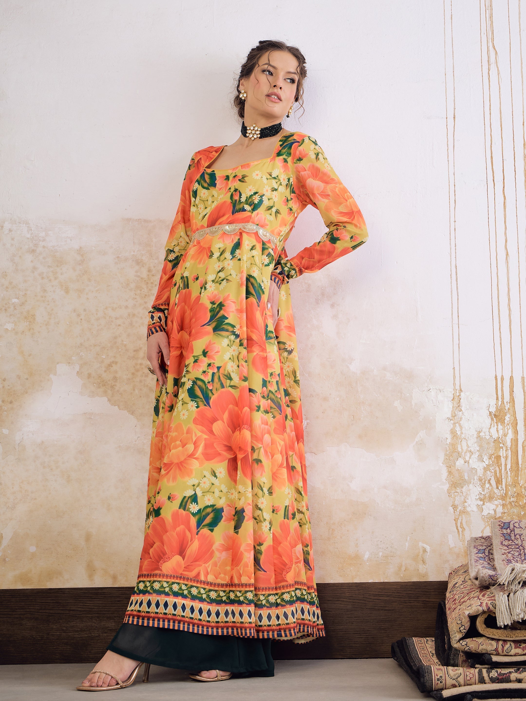 Women Yellow Floral Poly Muslin Anarkali Kurta-SHKUR35038