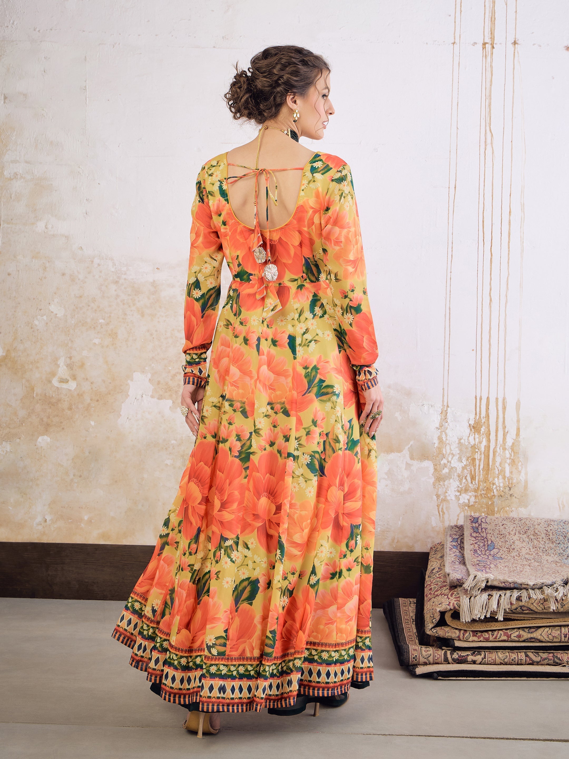 Women Yellow Floral Poly Muslin Anarkali Kurta-SHKUR35038