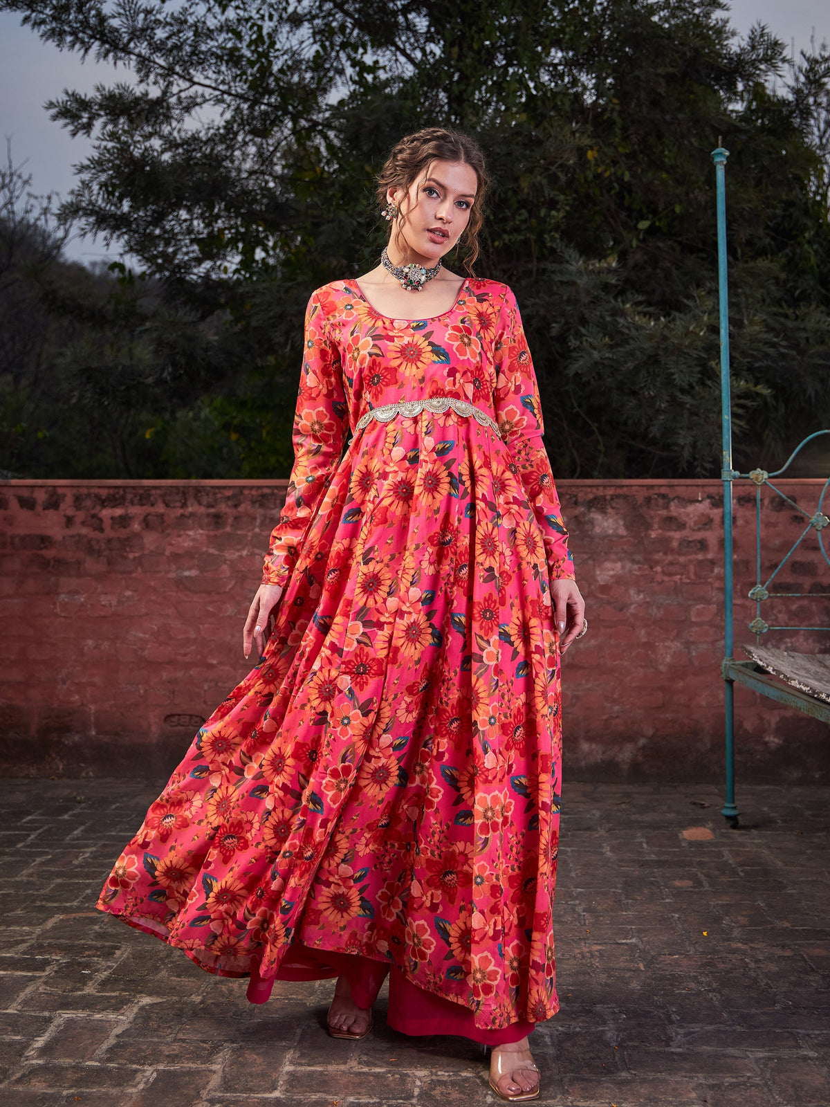 Women Pink Floral Poly Muslin Anrkali Kurta-SHKUR35041