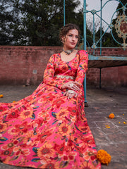 Women Pink Floral Poly Muslin Anrkali Kurta-SHKUR35041