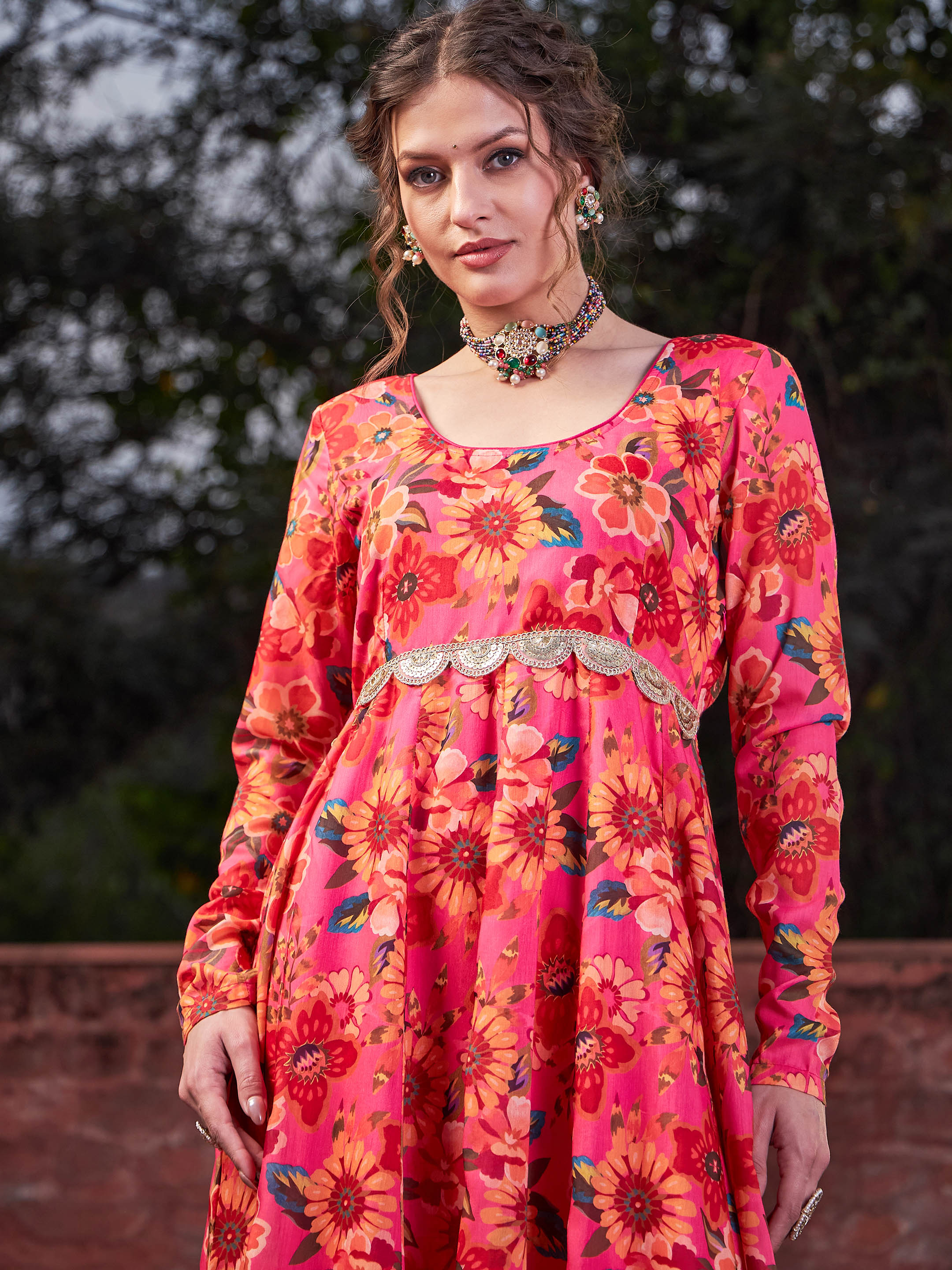 Women Pink Floral Poly Muslin Anrkali Kurta-SHKUR35041