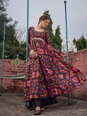 Women Black Floral Poly Muslin Anarkali Kurta-SHKUR35042