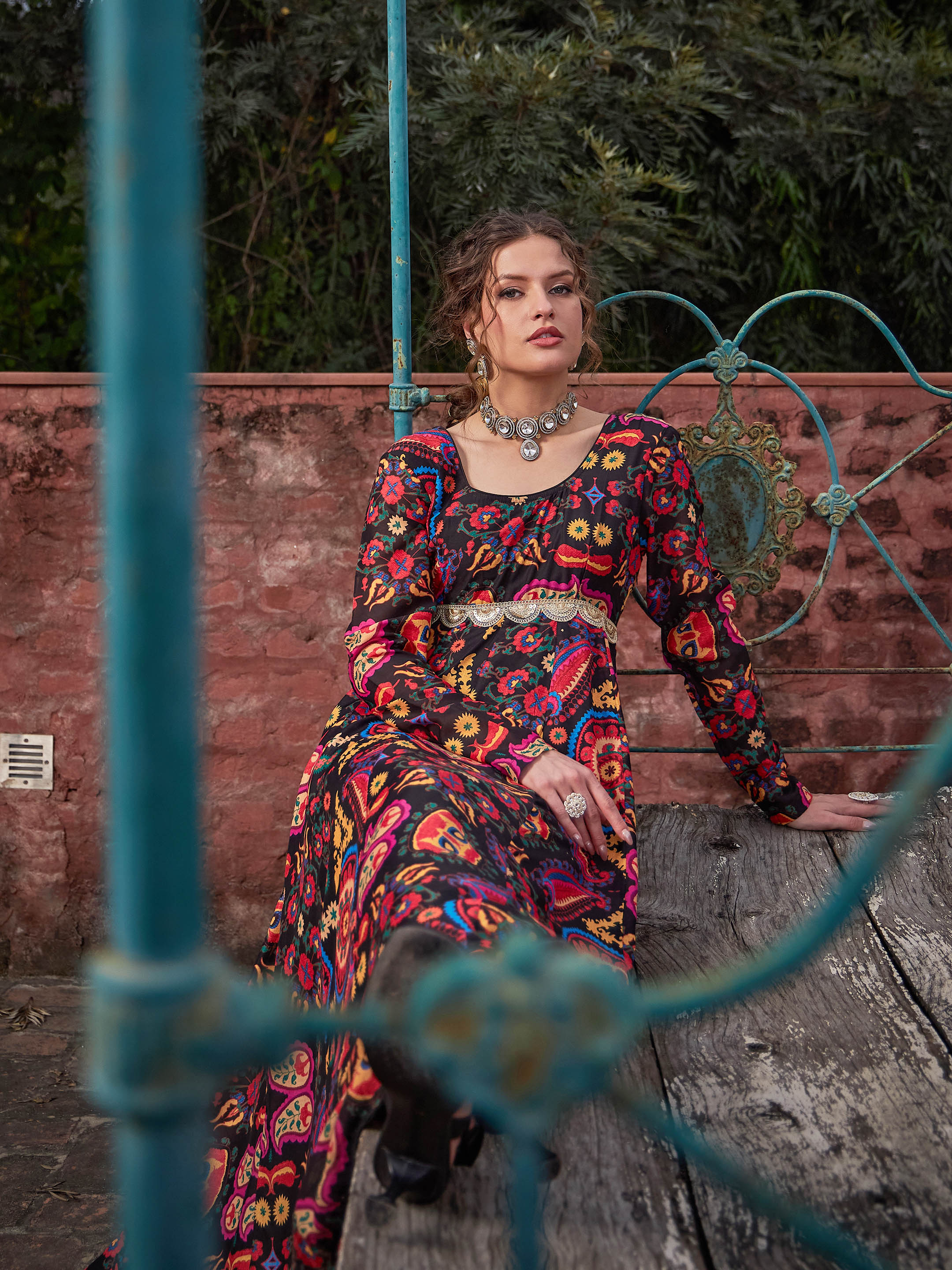 Women Black Floral Poly Muslin Anarkali Kurta-SHKUR35042