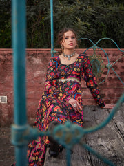 Women Black Floral Poly Muslin Anarkali Kurta-SHKUR35042