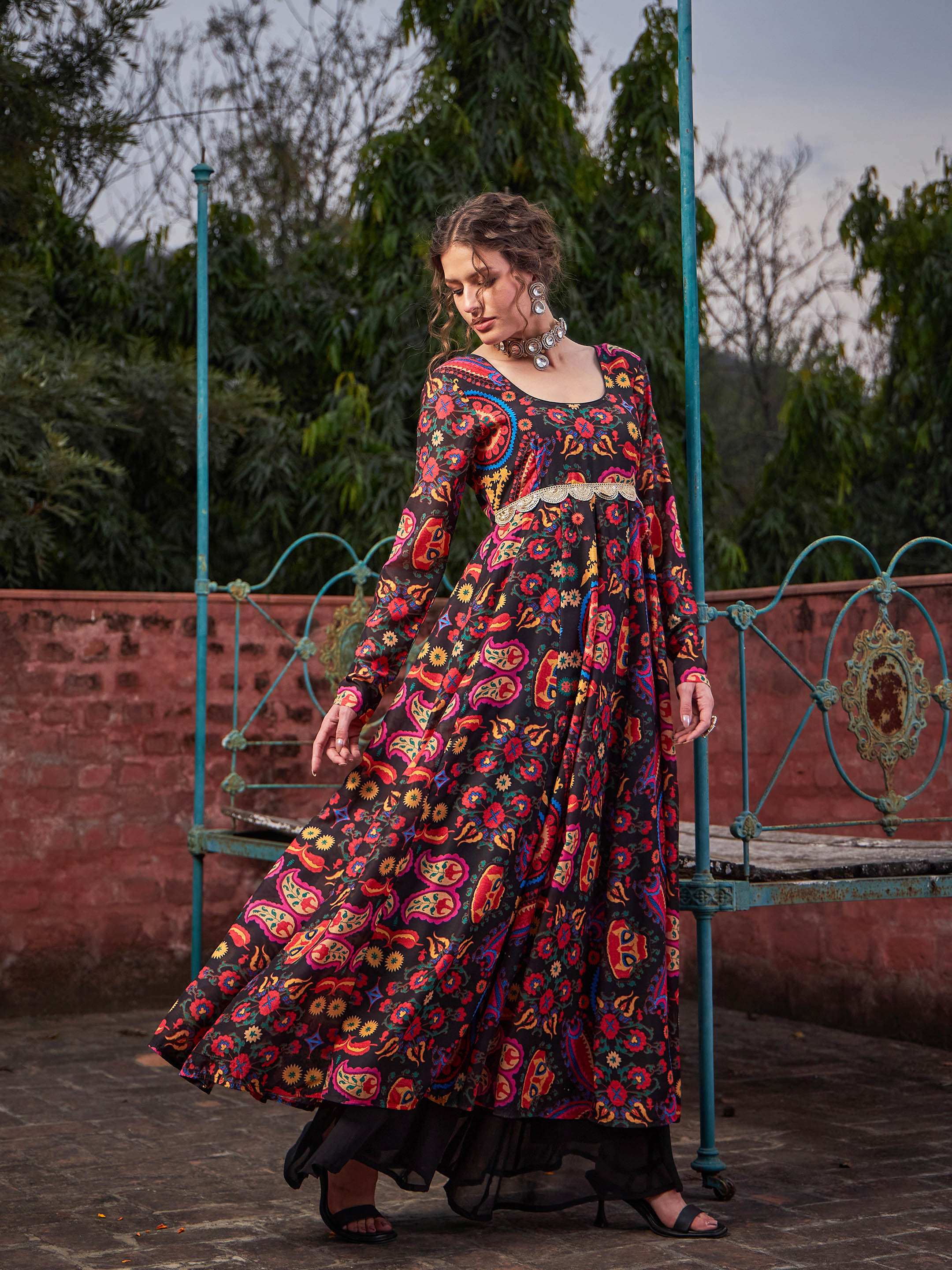 Women Black Floral Poly Muslin Anarkali Kurta-SHKUR35042