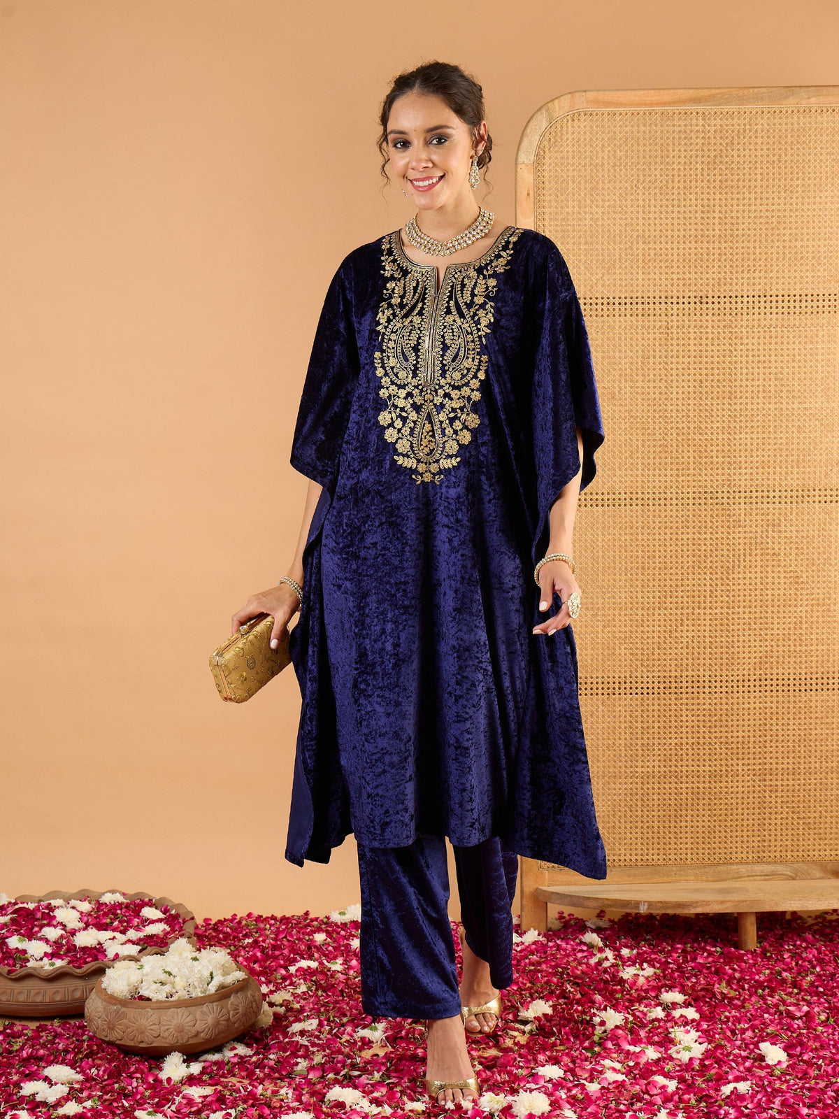 Women Navy Blue Velvet Embroidered Kaftan Kurta-SHKUR35056