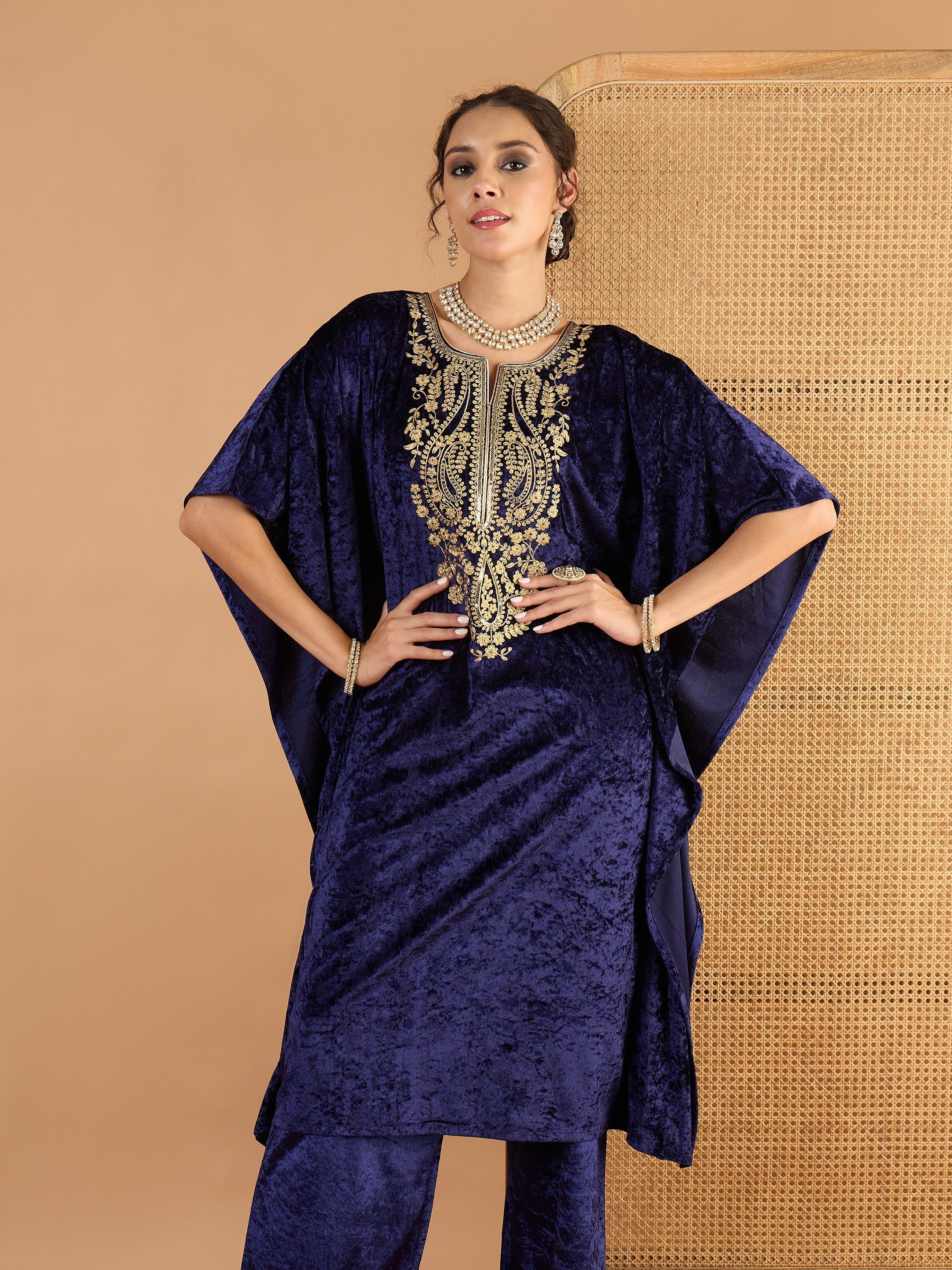 Women Navy Blue Velvet Embroidered Kaftan Kurta-SHKUR35056