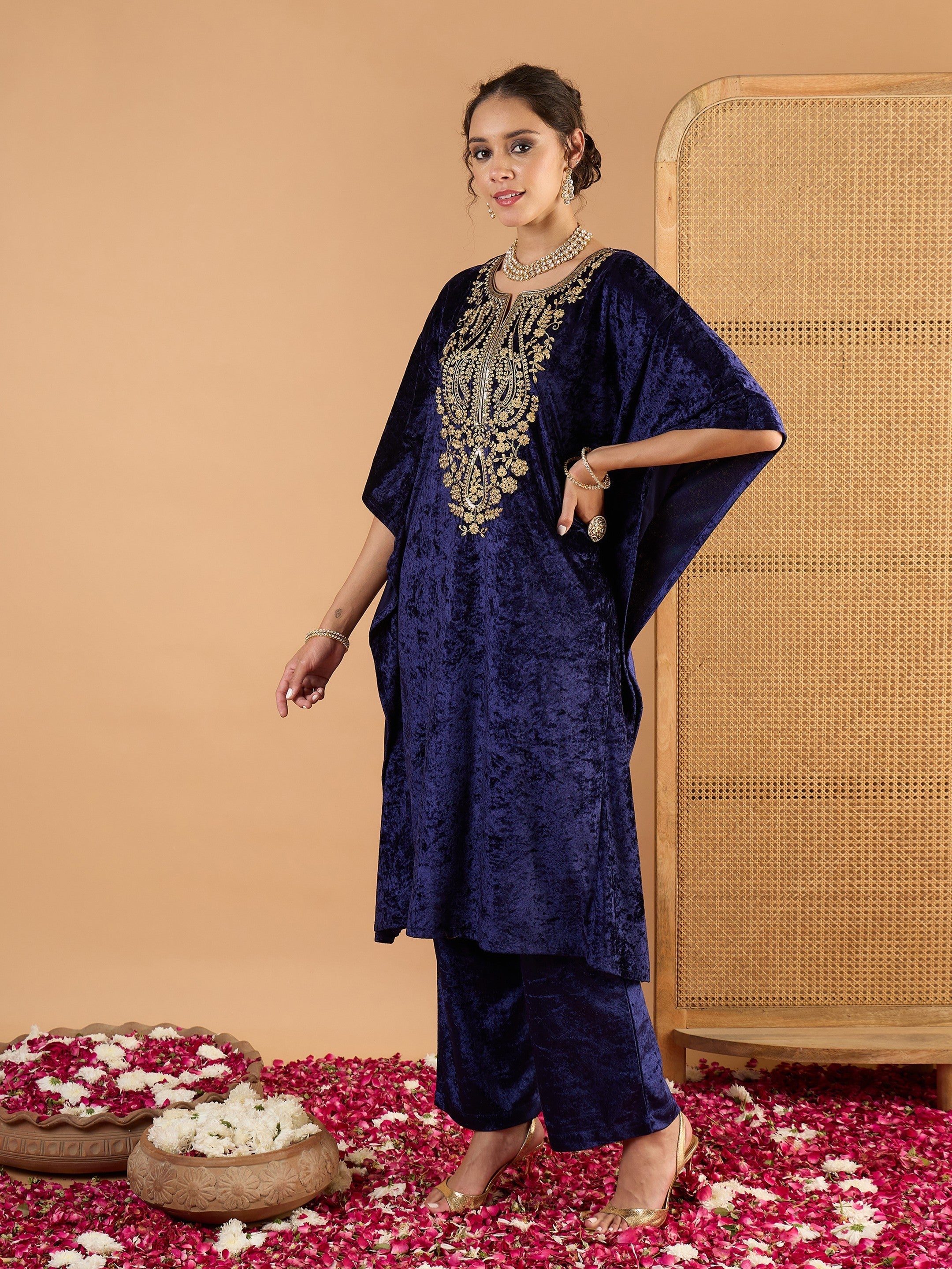 Women Navy Blue Velvet Embroidered Kaftan Kurta-SHKUR35056