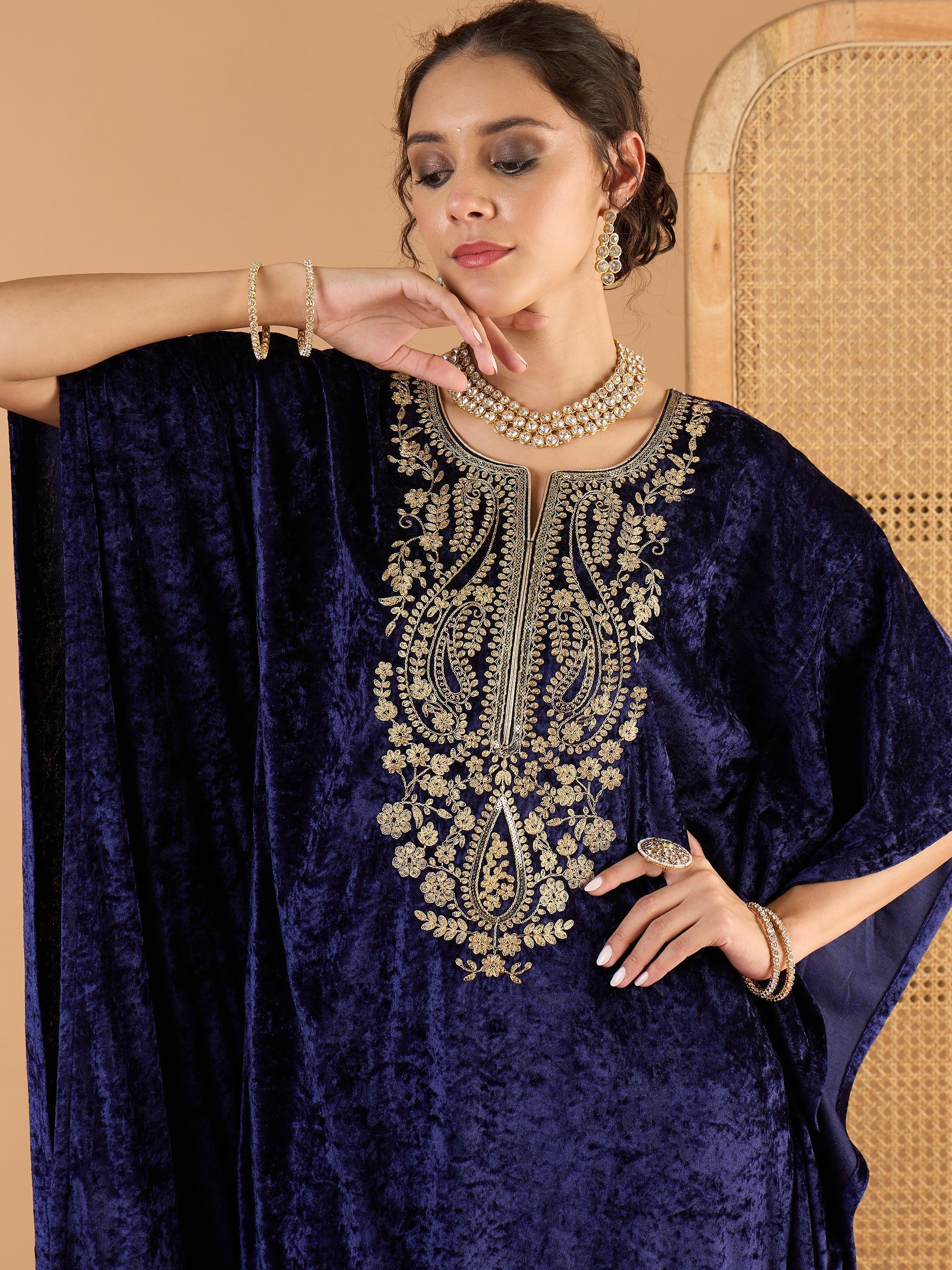 Women Navy Blue Velvet Embroidered Kaftan Kurta-SHKUR35056