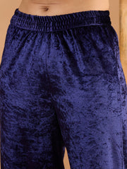 Women Navy Blue Velvet Embroidered Kaftan Kurta-SHKUR35056