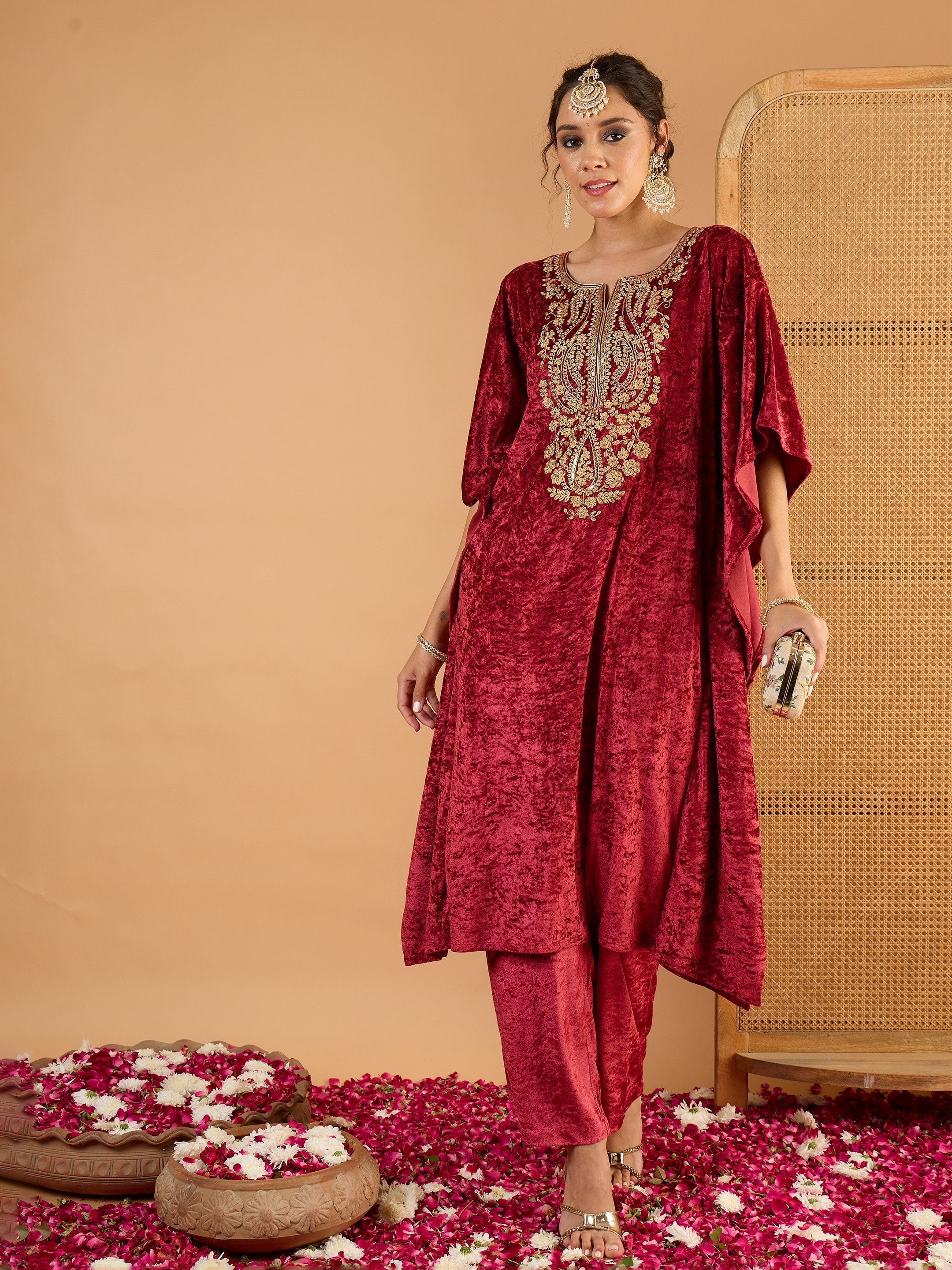 Women Onion Pink Velvet Embroidered Kaftan Kurta-SHKUR35057