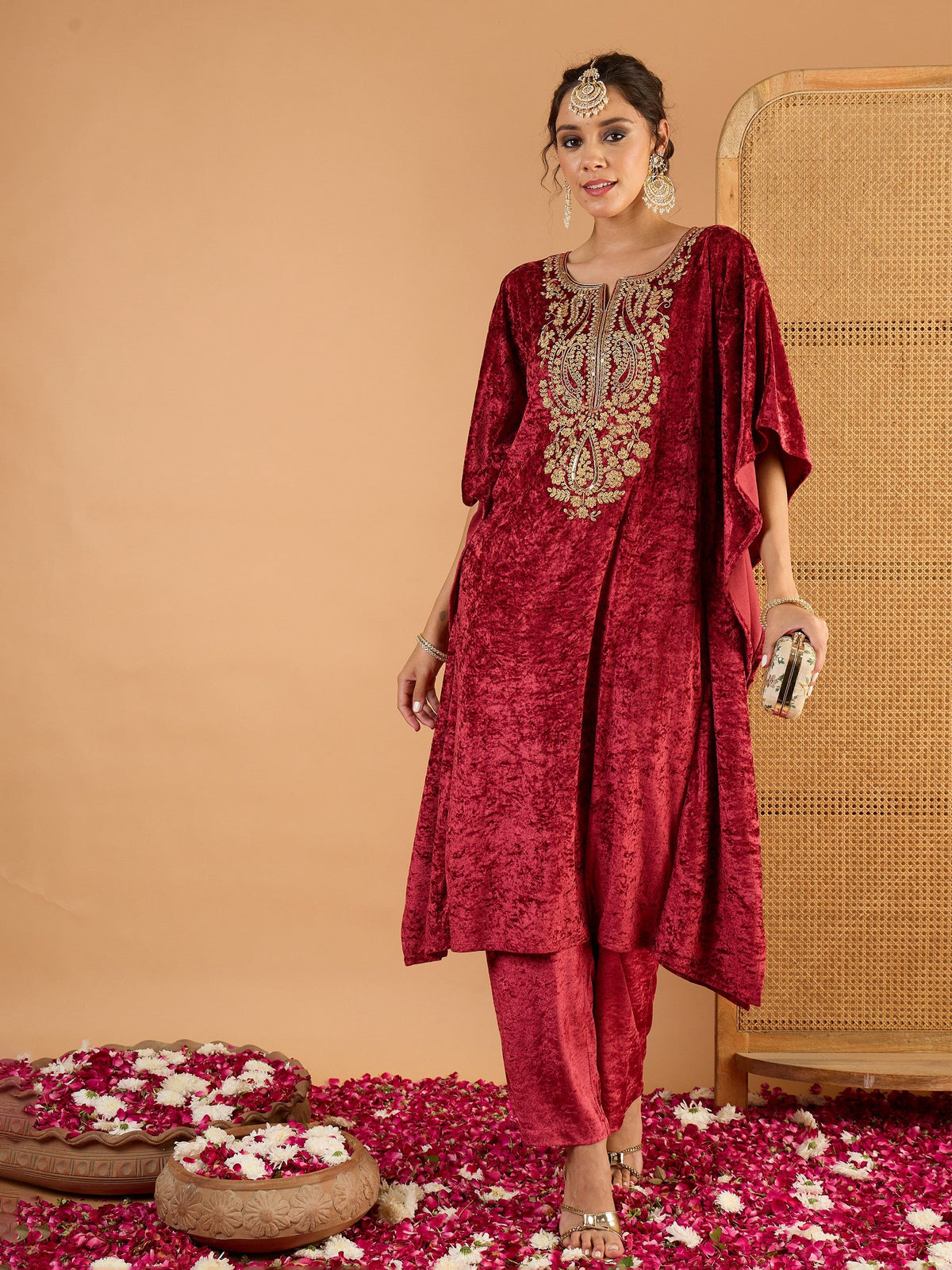 Women Onion Pink Velvet Embroidered Kaftan Kurta-SHKUR35057