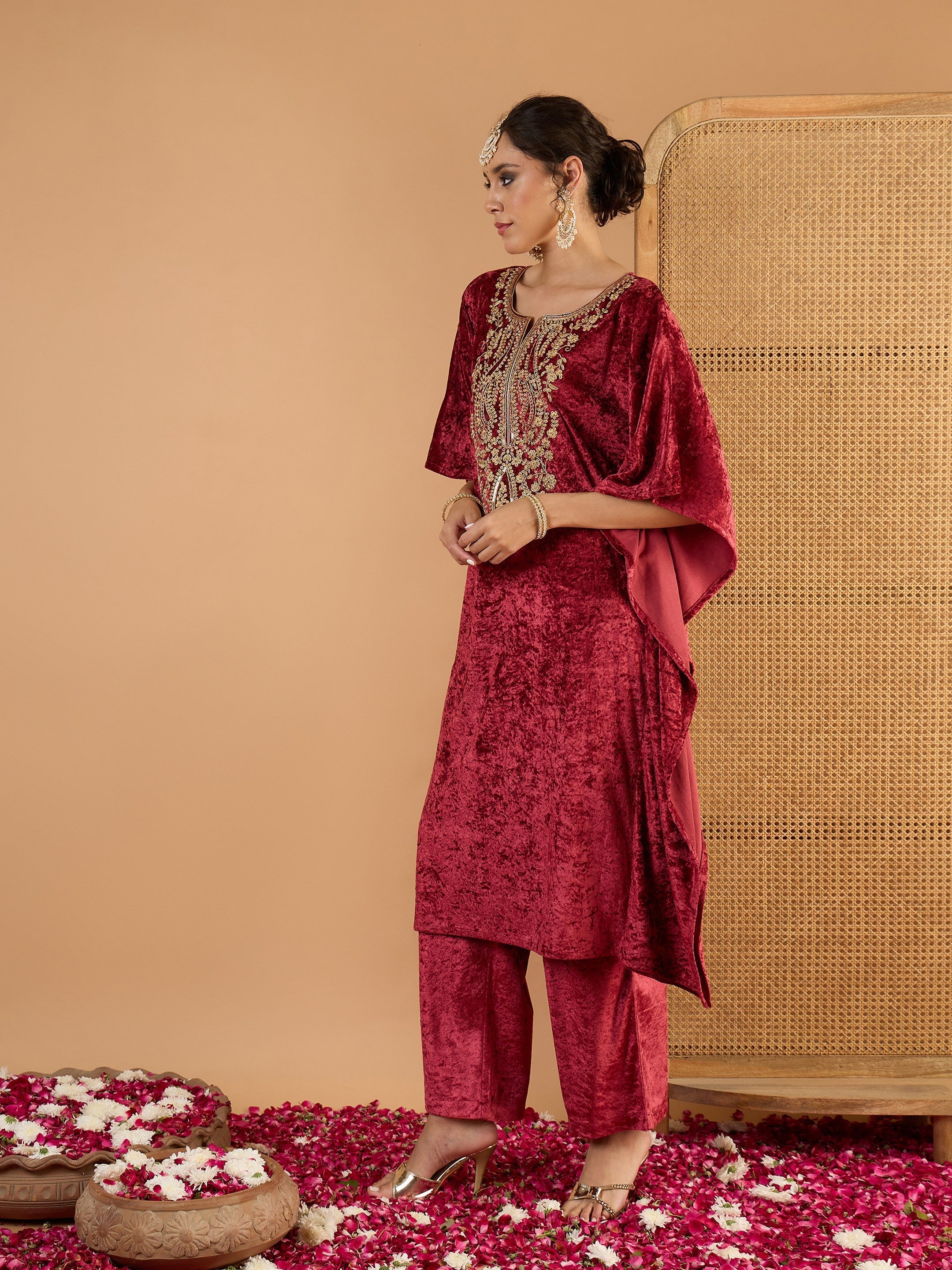 Women Onion Pink Velvet Embroidered Kaftan Kurta-SHKUR35057