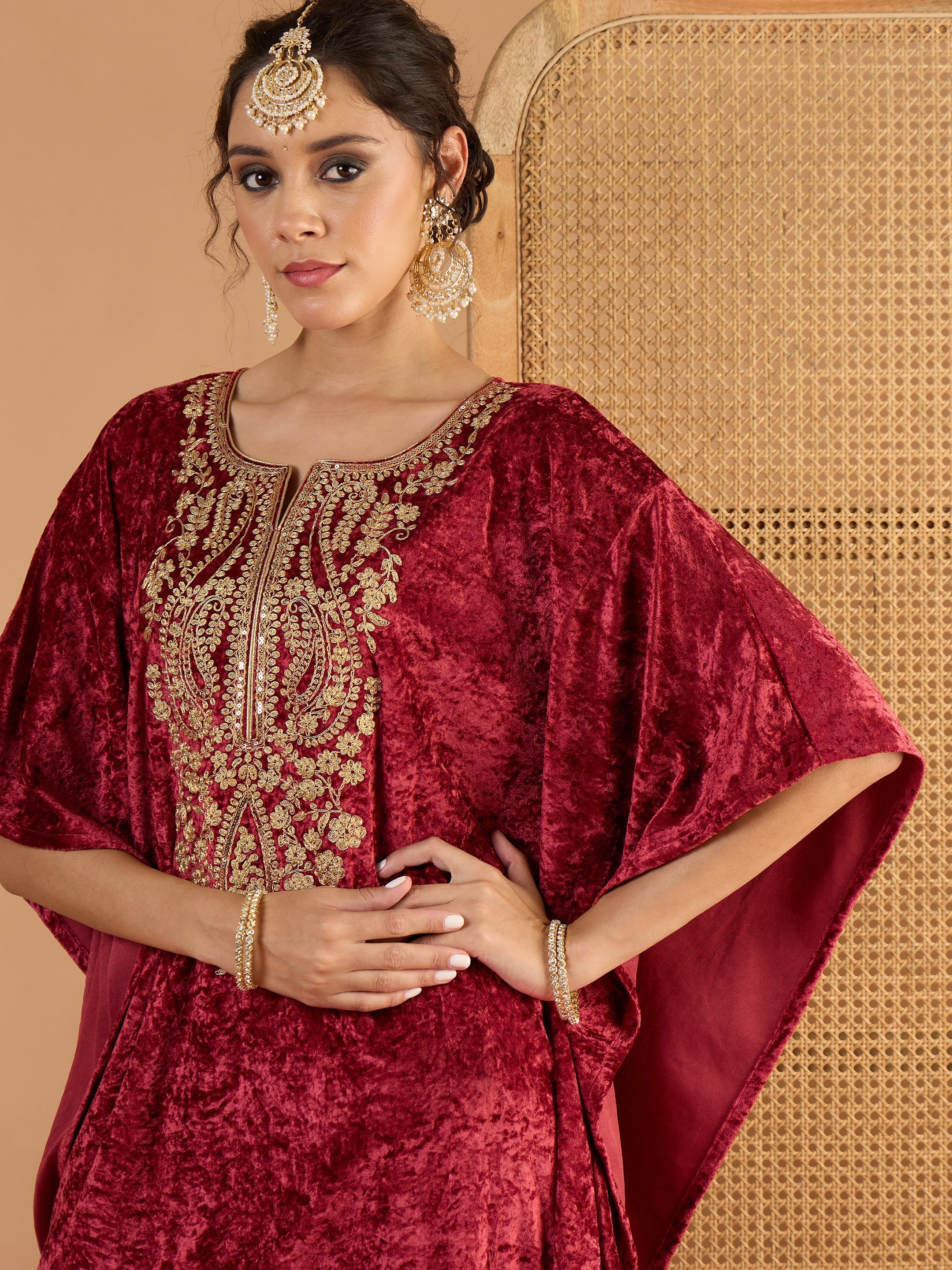 Women Onion Pink Velvet Embroidered Kaftan Kurta-SHKUR35057