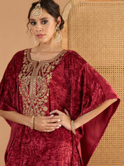 Women Onion Pink Velvet Embroidered Kaftan Kurta-SHKUR35057