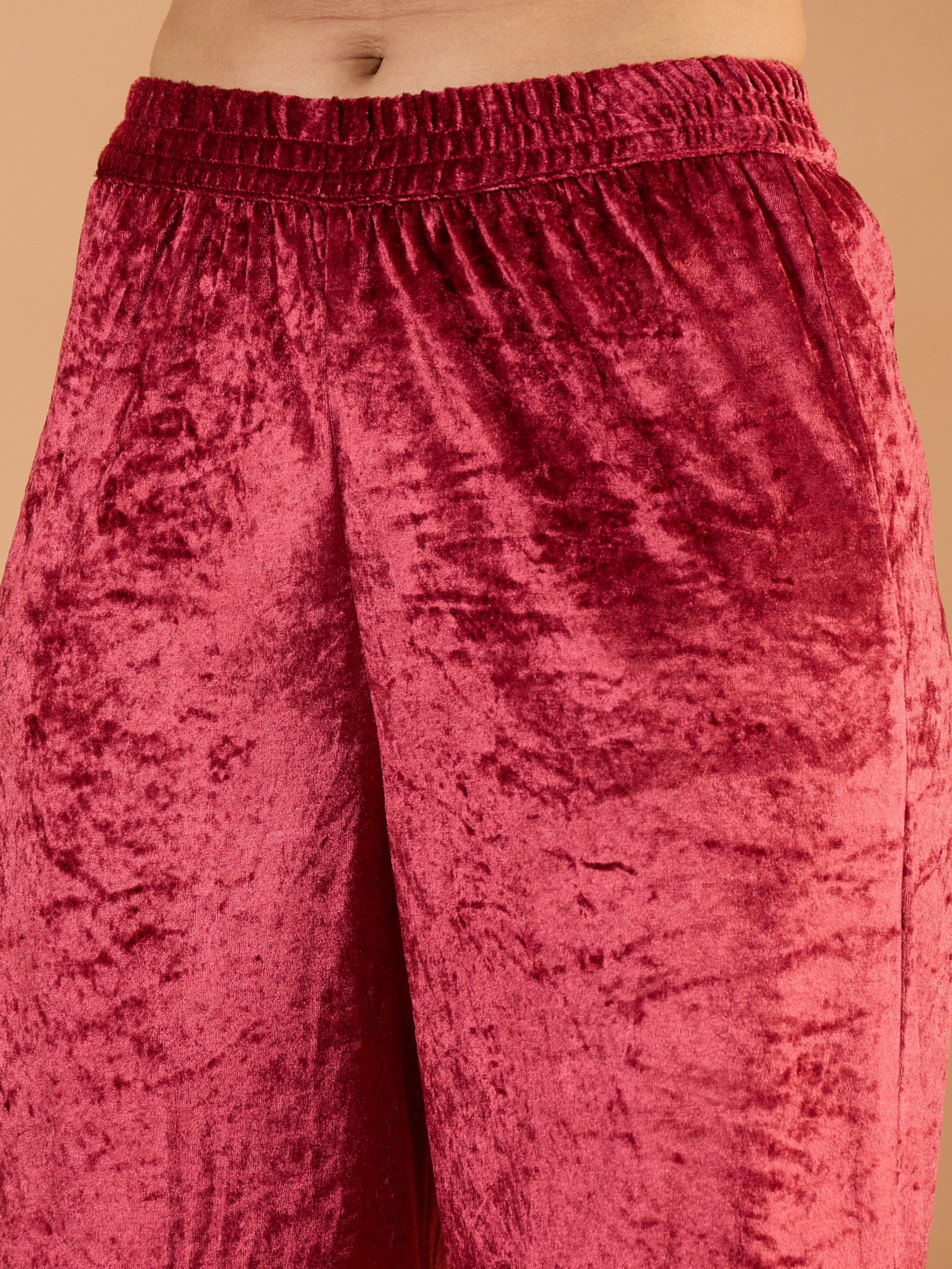 Women Onion Pink Velvet Embroidered Kaftan Kurta-SHKUR35057