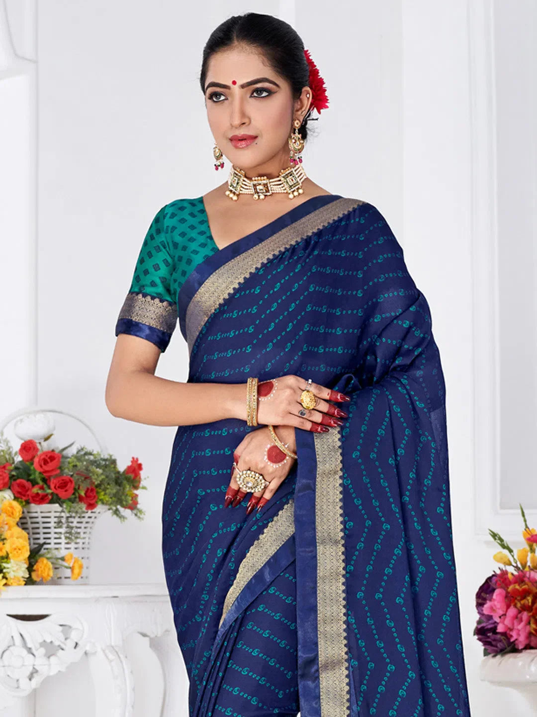 Women's Chiffon Blue Printed Designer Saree With Blouse Piece-SHMIKSA1002