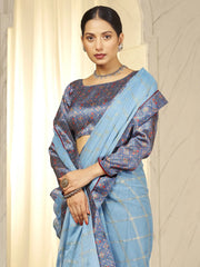 Women's Chiffon Blue Embellished Designer Saree With Blouse Piece-SHNAYA1002