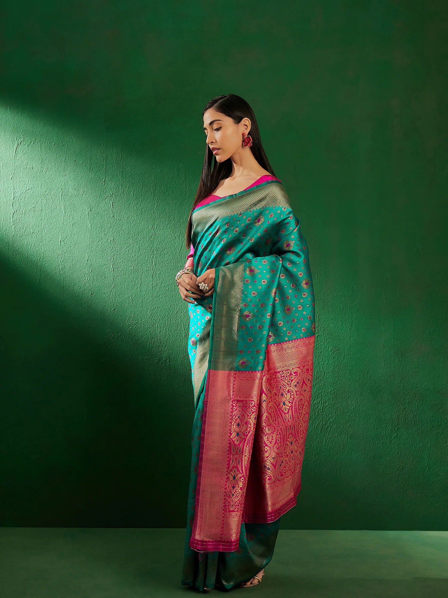Green Polyester Indian Sari | Woven Design with Ethnic Charm