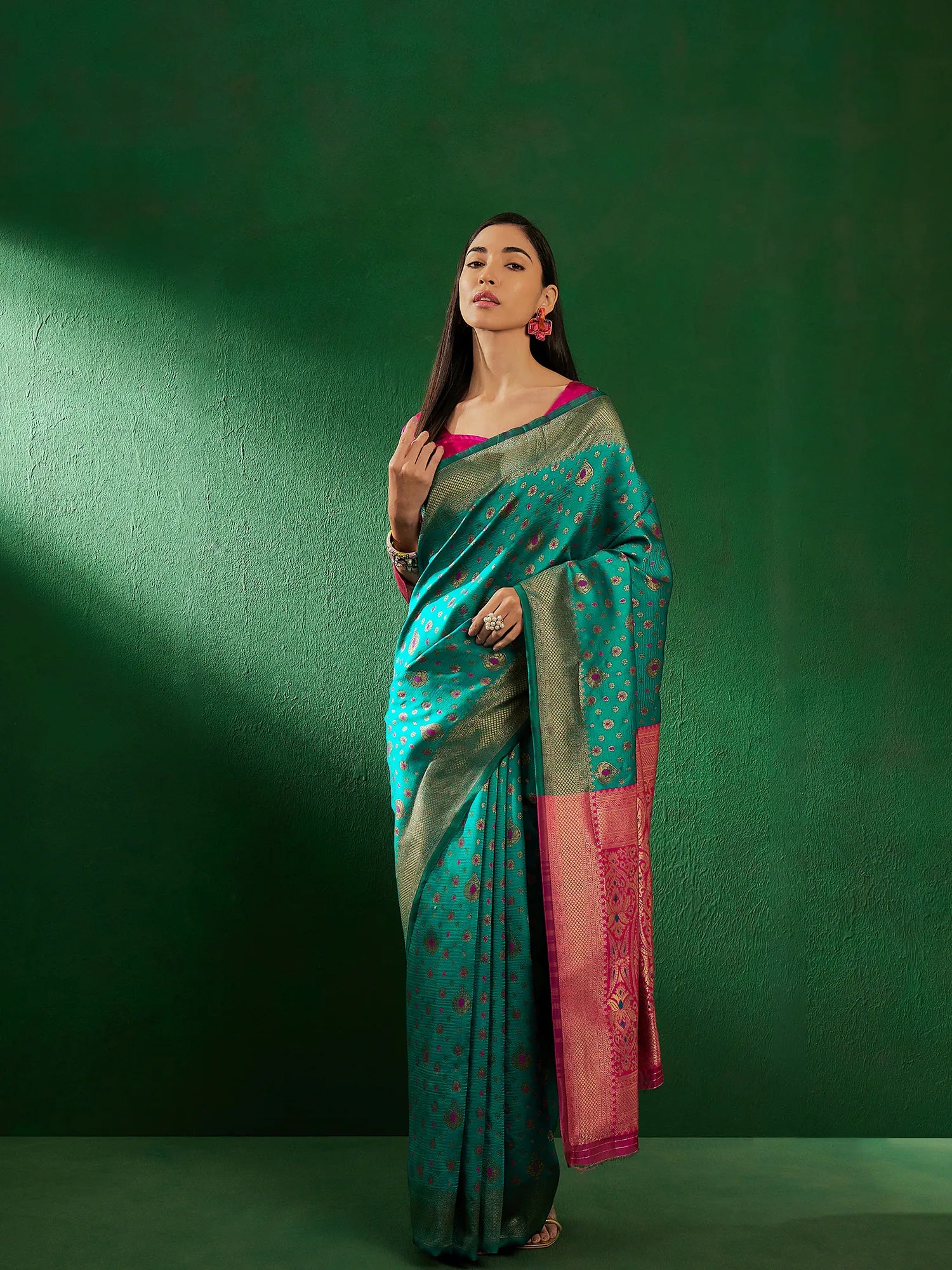 Green Polyester Indian Sari | Woven Design with Ethnic Charm