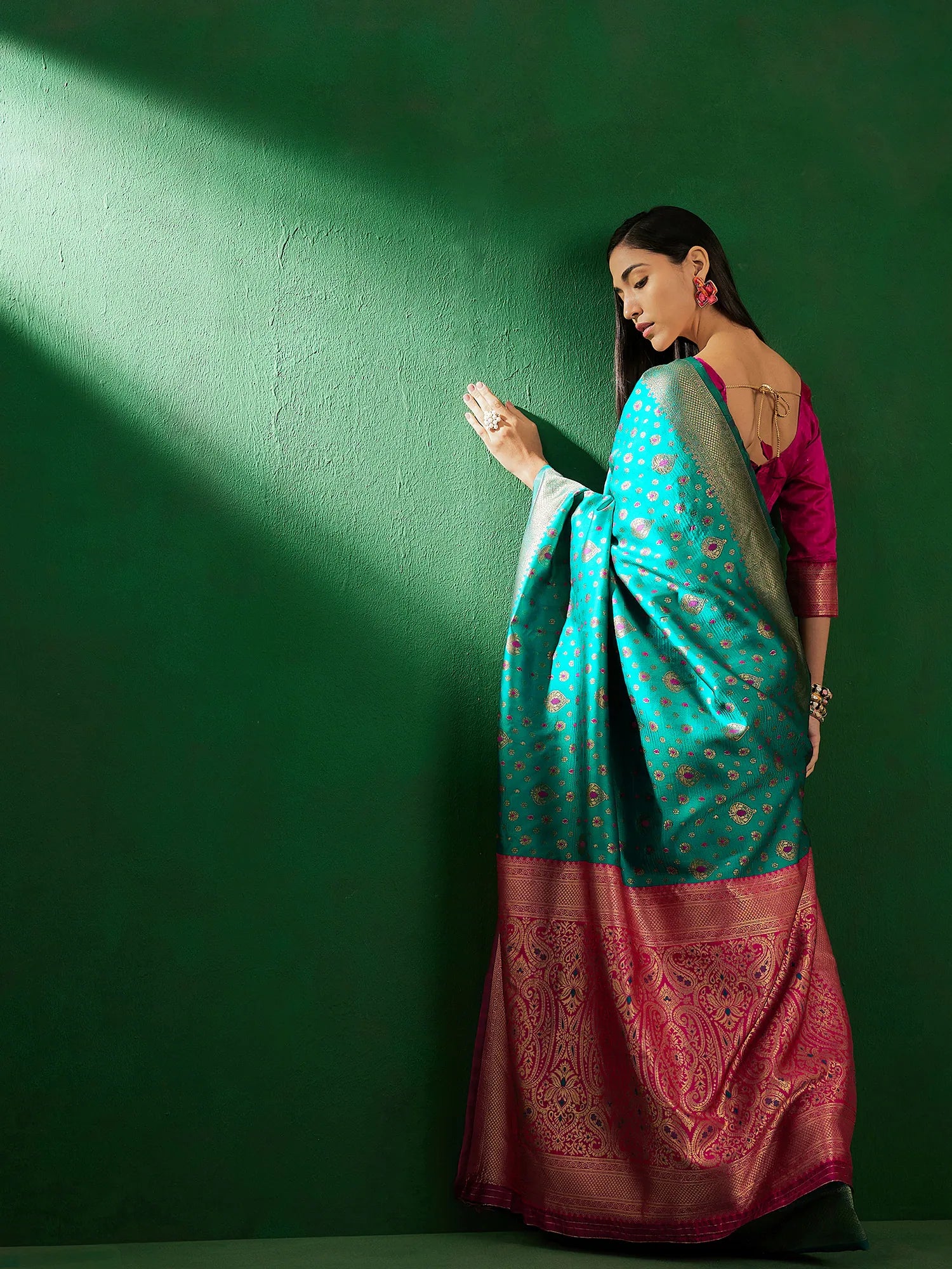 Green Polyester Indian Sari | Woven Design with Ethnic Charm