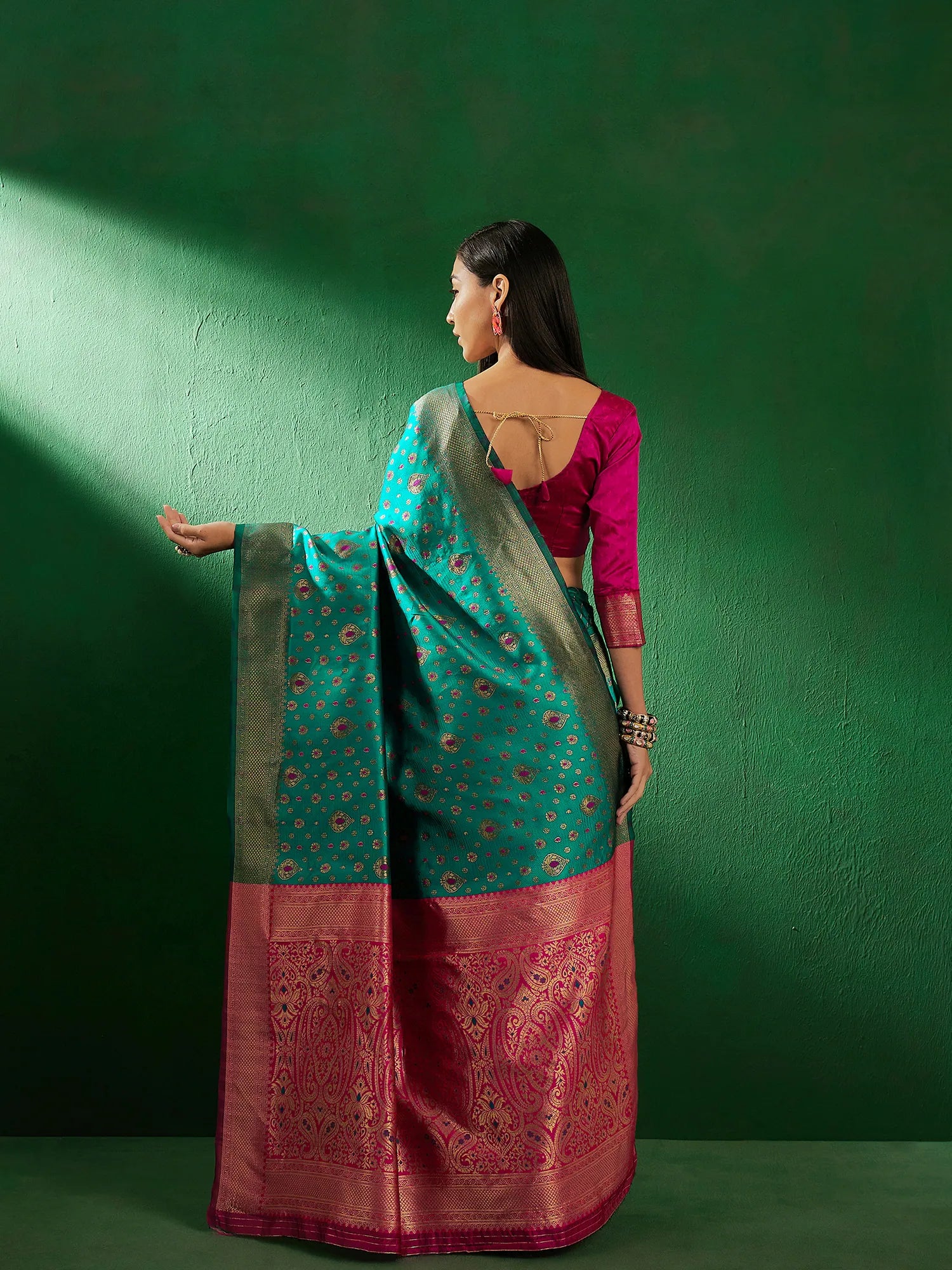 Green Polyester Indian Sari | Woven Design with Ethnic Charm