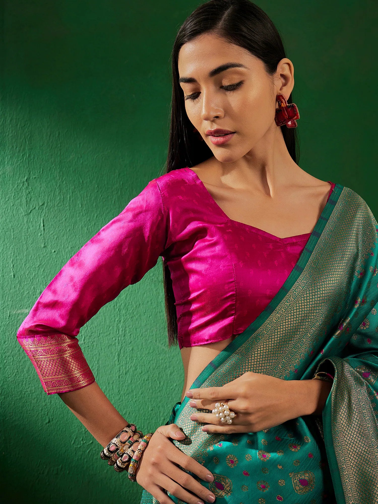 Green Polyester Indian Sari | Woven Design with Ethnic Charm