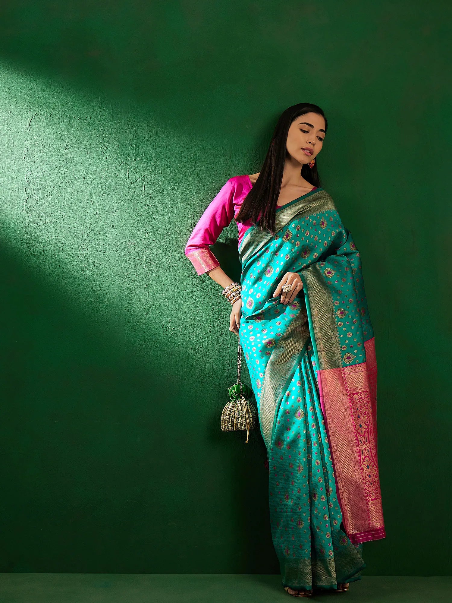 Green Polyester Indian Sari | Woven Design with Ethnic Charm