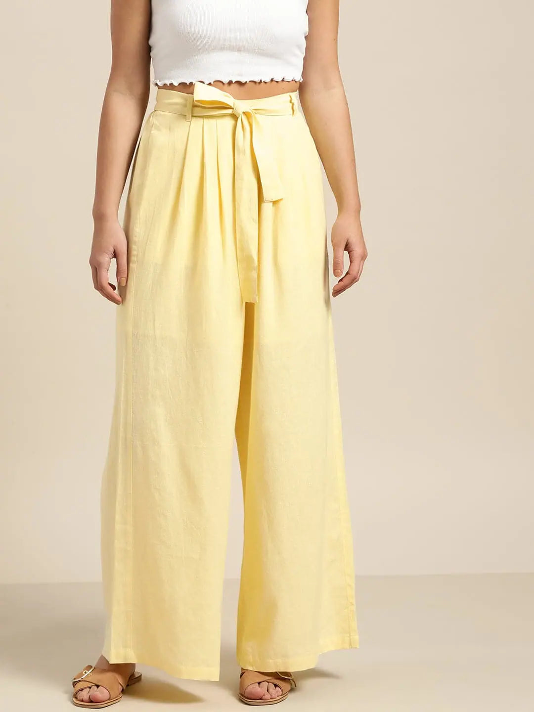 Lemon Pleated Palazzo Pants for Women | Wide Leg Trousers
