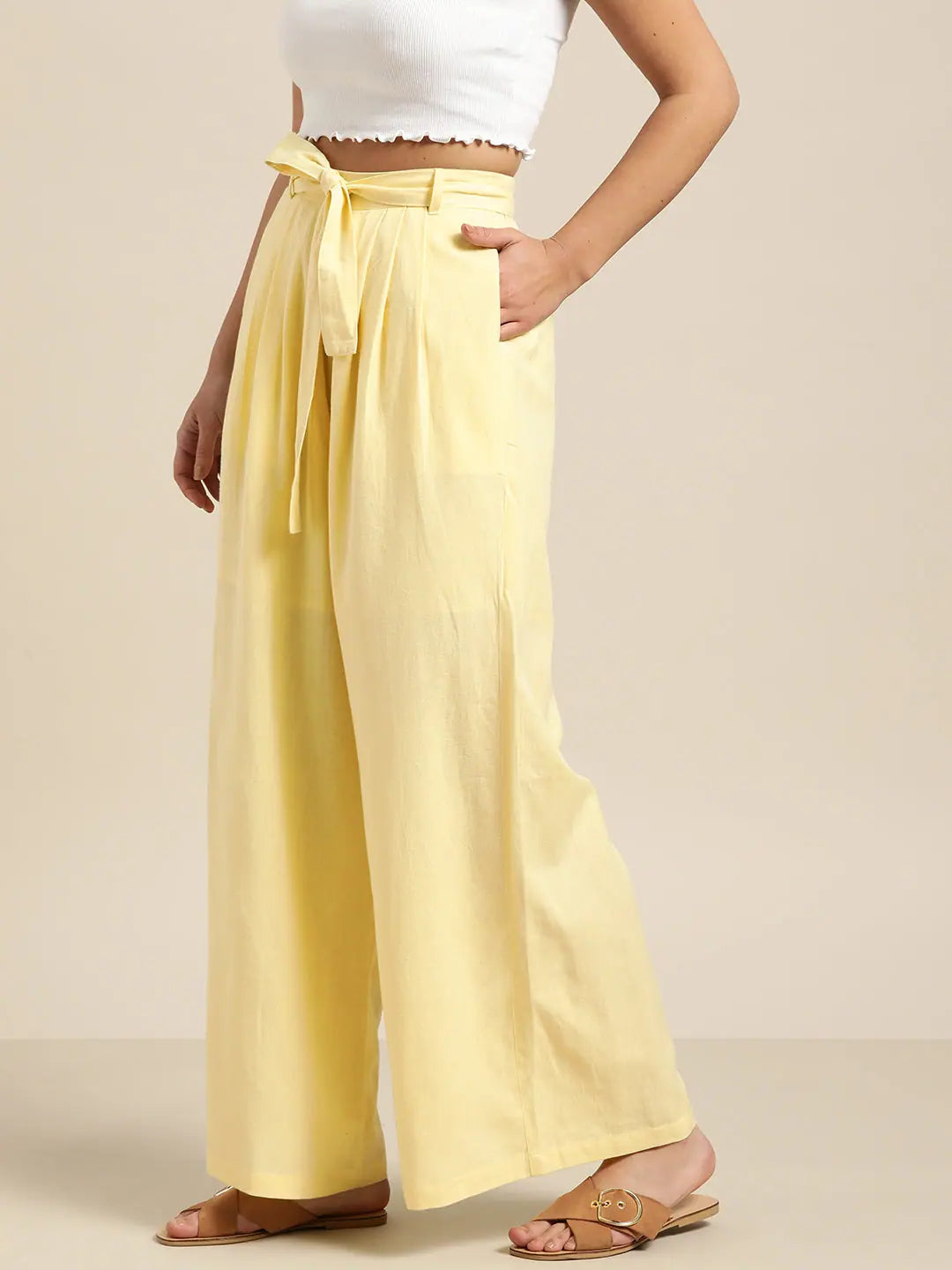 Lemon Pleated Palazzo Pants for Women | Wide Leg Trousers