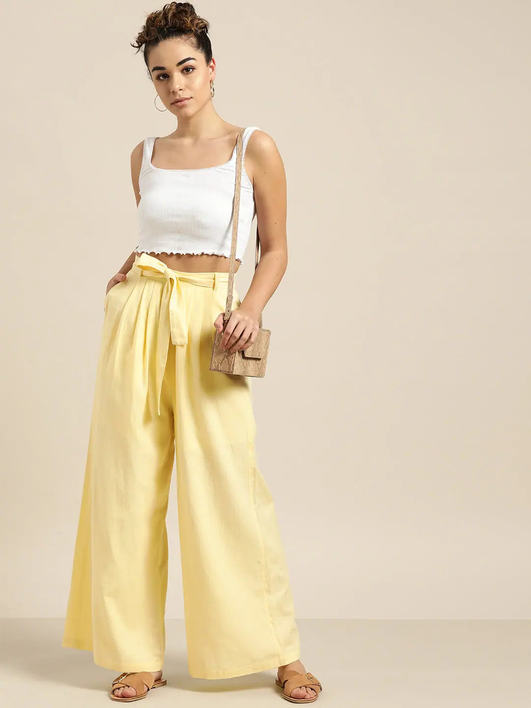 Lemon Pleated Palazzo Pants for Women | Wide Leg Trousers