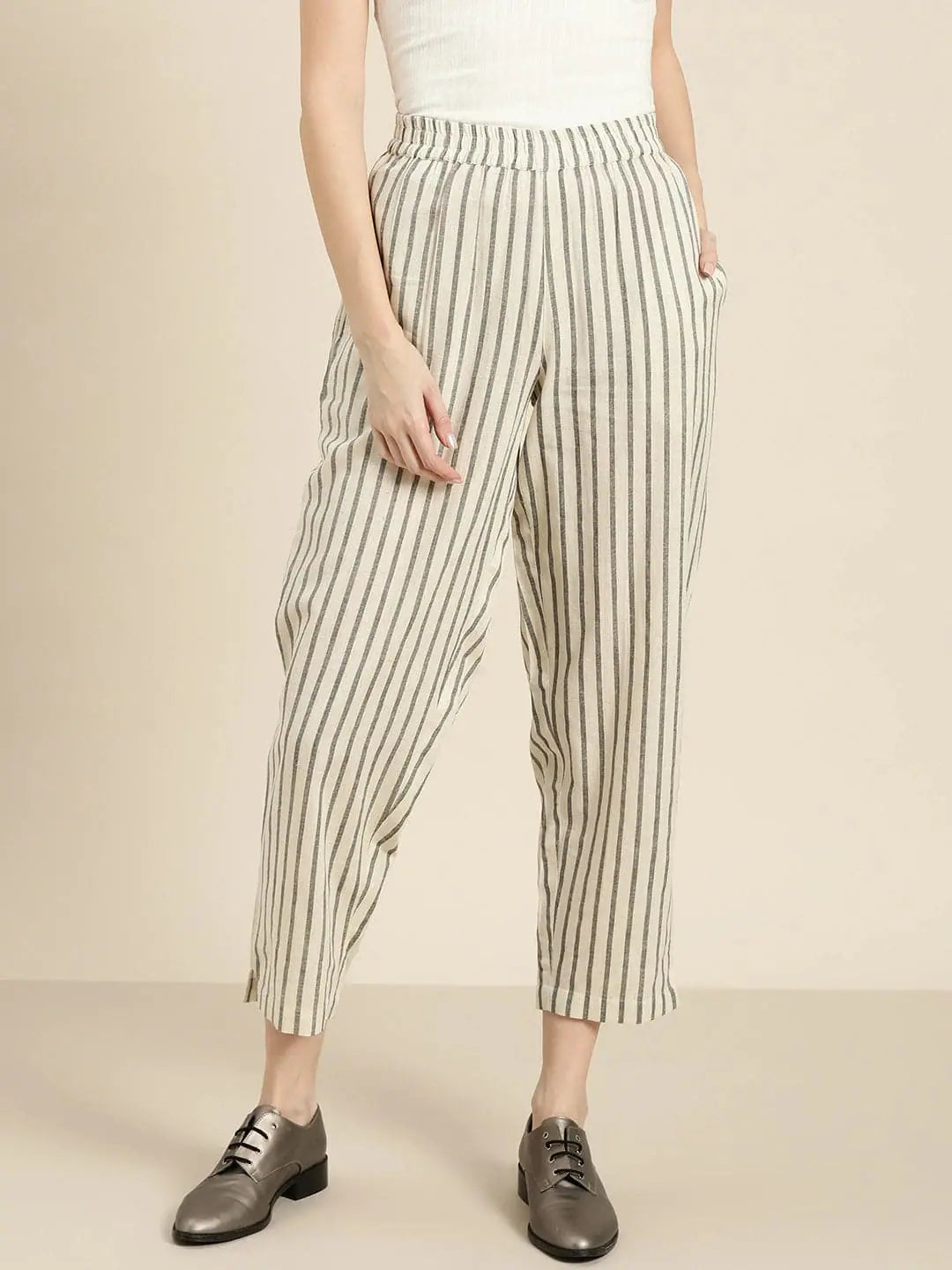 Grey Striped Palazzo Pants for Women - Cotton Flex Designer